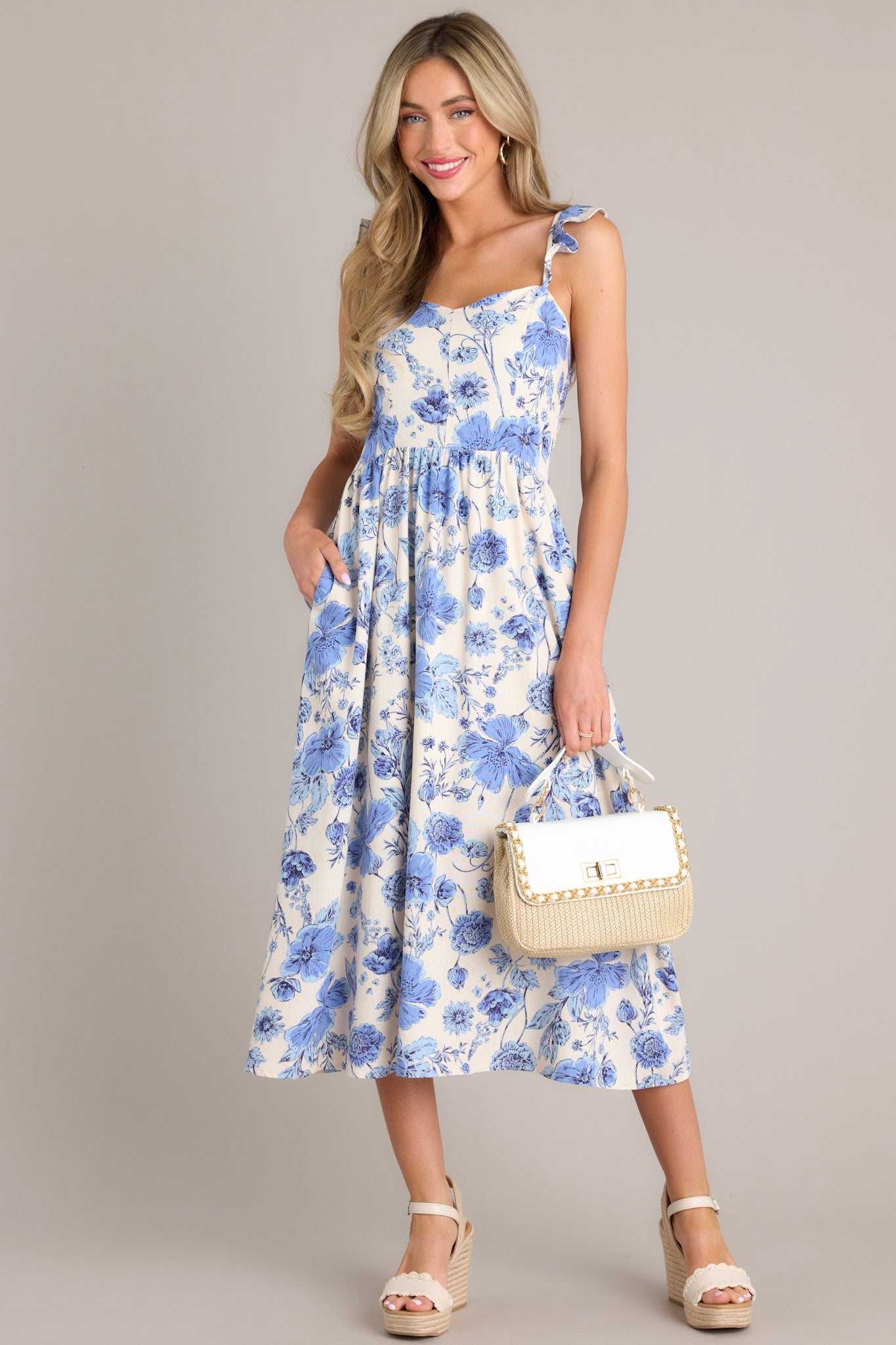 Blossoms Of Belief Ivory & Blue Floral Midi Dress (BACKORDER JUNE) - Red Dress