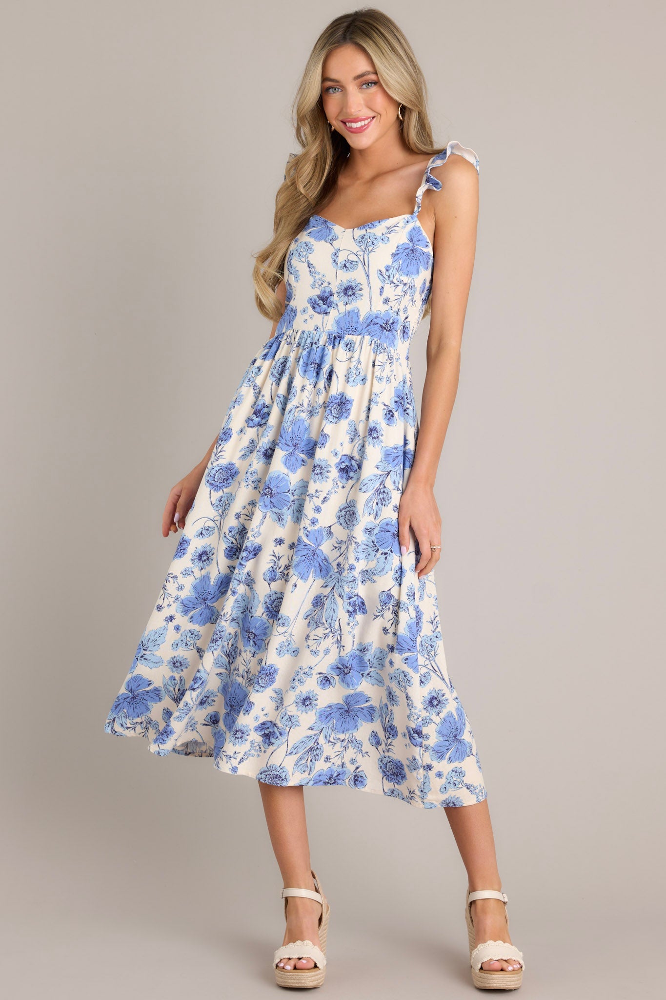 Blossoms Of Belief Ivory & Blue Floral Midi Dress (BACKORDER JUNE) - Red Dress