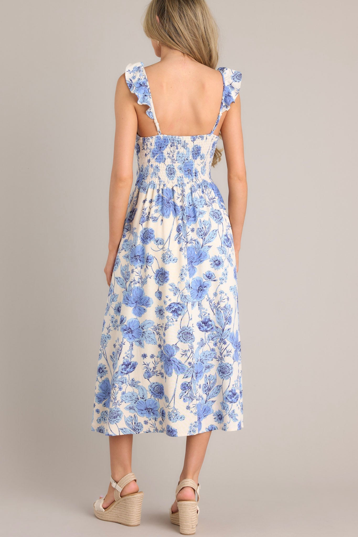 Blossoms Of Belief Ivory & Blue Floral Midi Dress (BACKORDER JUNE) - Red Dress