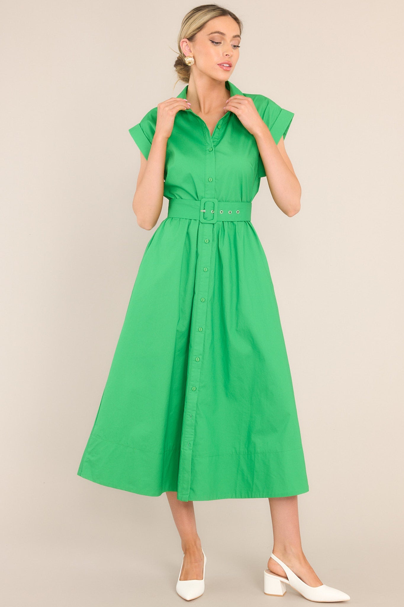 Bring On Spring Kelly Green Belted Button Front Midi Dress - Red Dress