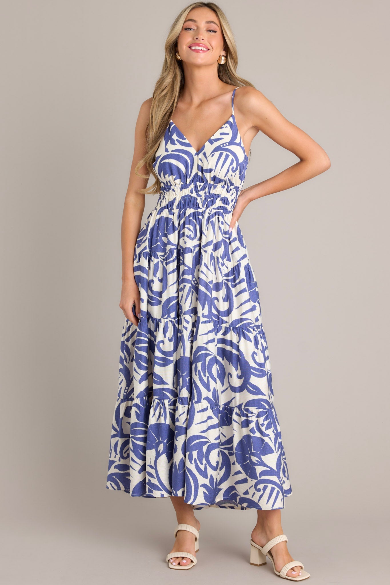 Caribbean Dream Blue Tropical Print Maxi Dress - Red Dress