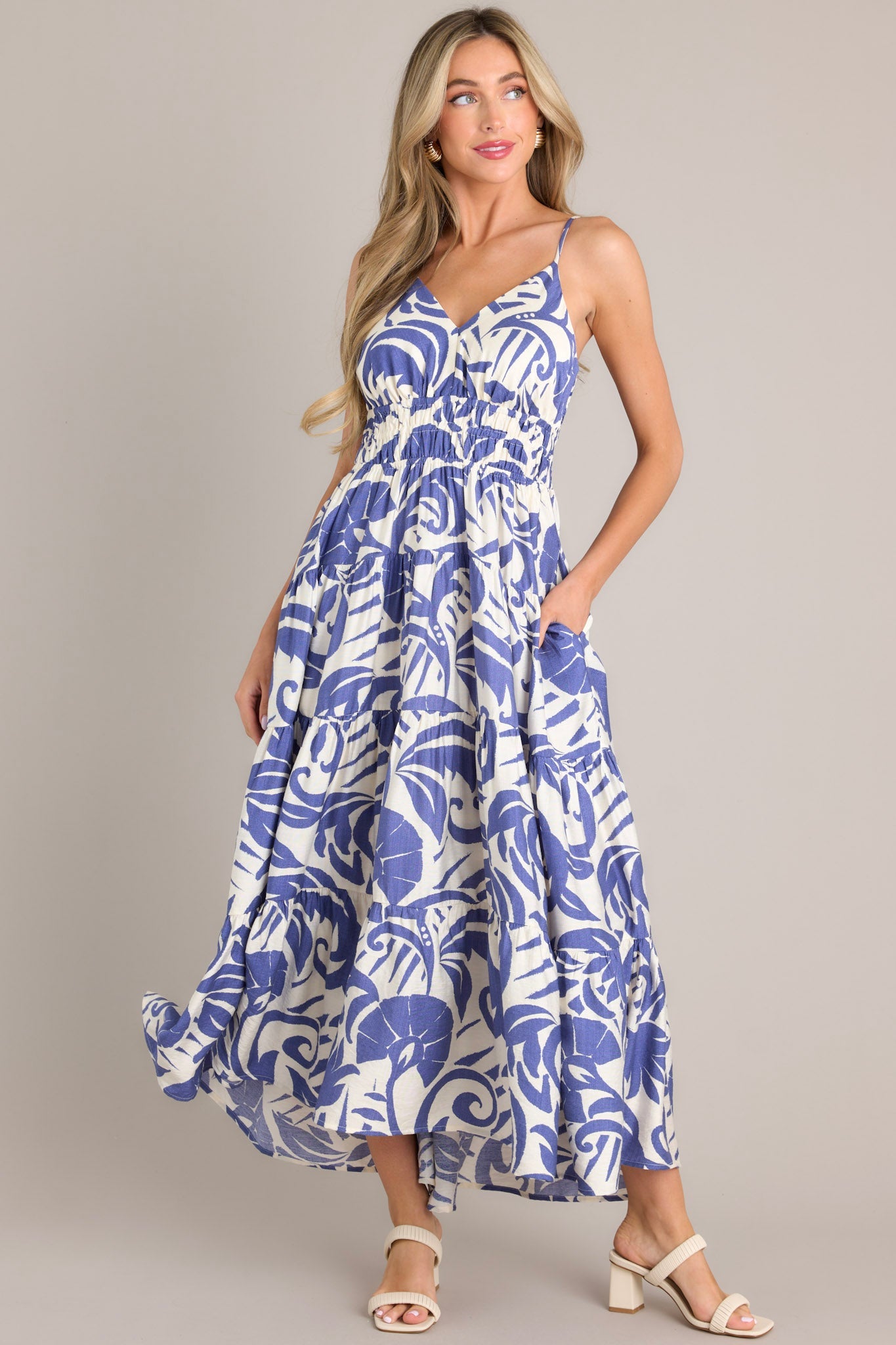 Caribbean Dream Blue Tropical Print Maxi Dress - Red Dress