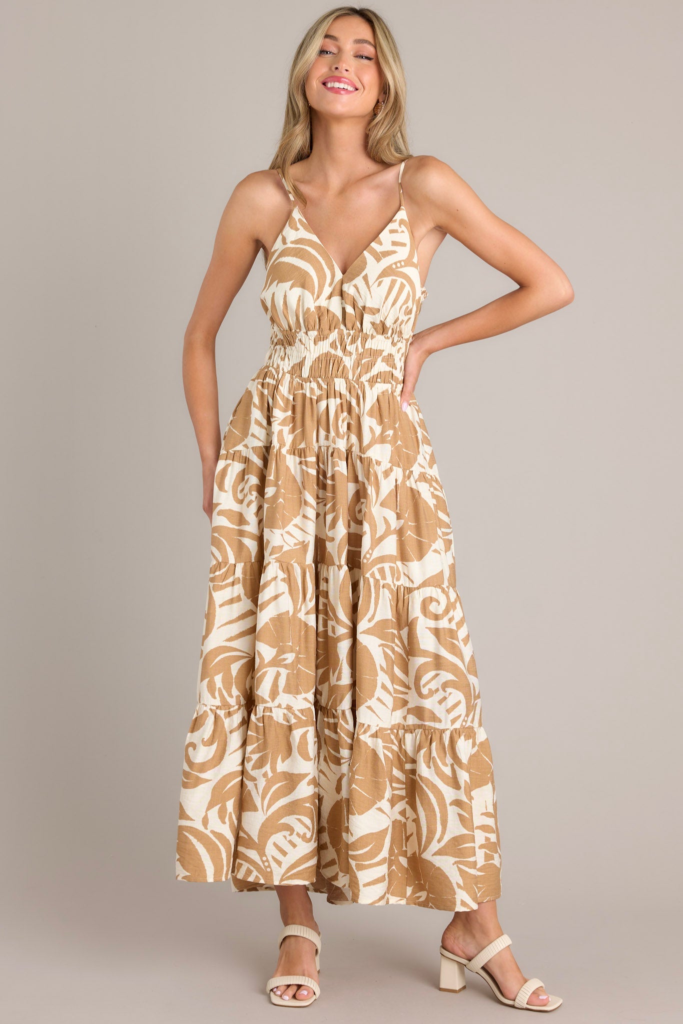 Caribbean Dream Tan Tropical Print Maxi Dress - Red Dress