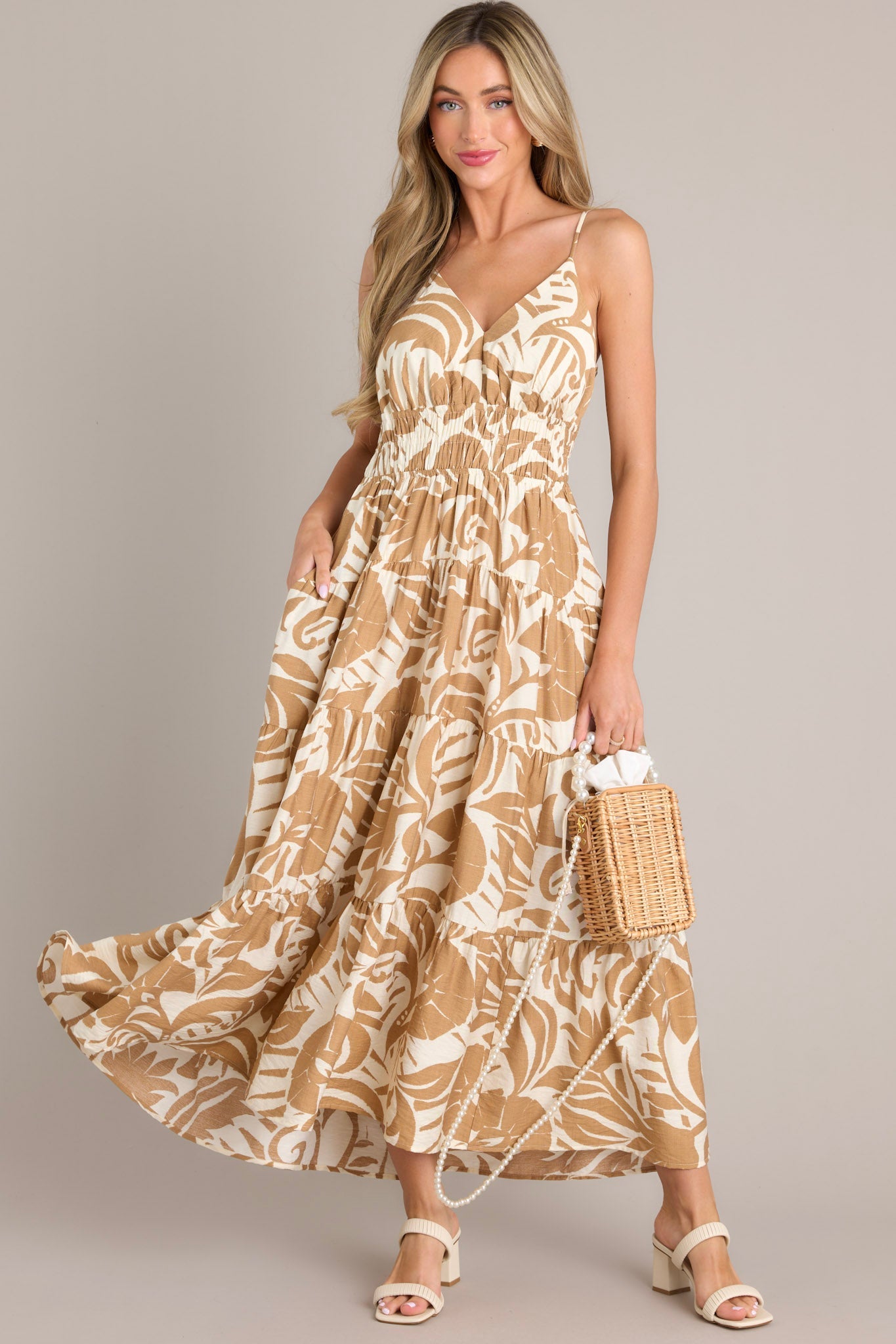 Caribbean Dream Tan Tropical Print Maxi Dress - Red Dress