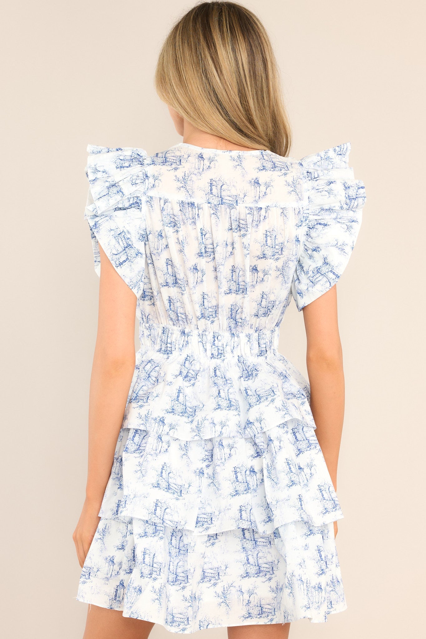 Castles Crumbling Blue Toile Ruffle Dress - Red Dress