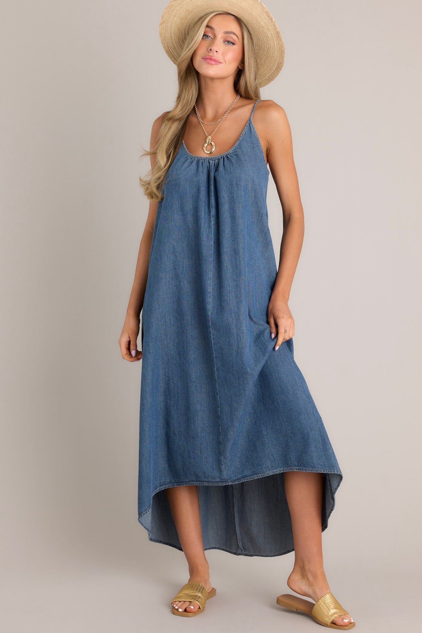 Celestial Swing Denim Asymmetrical High Low Dress - Red Dress