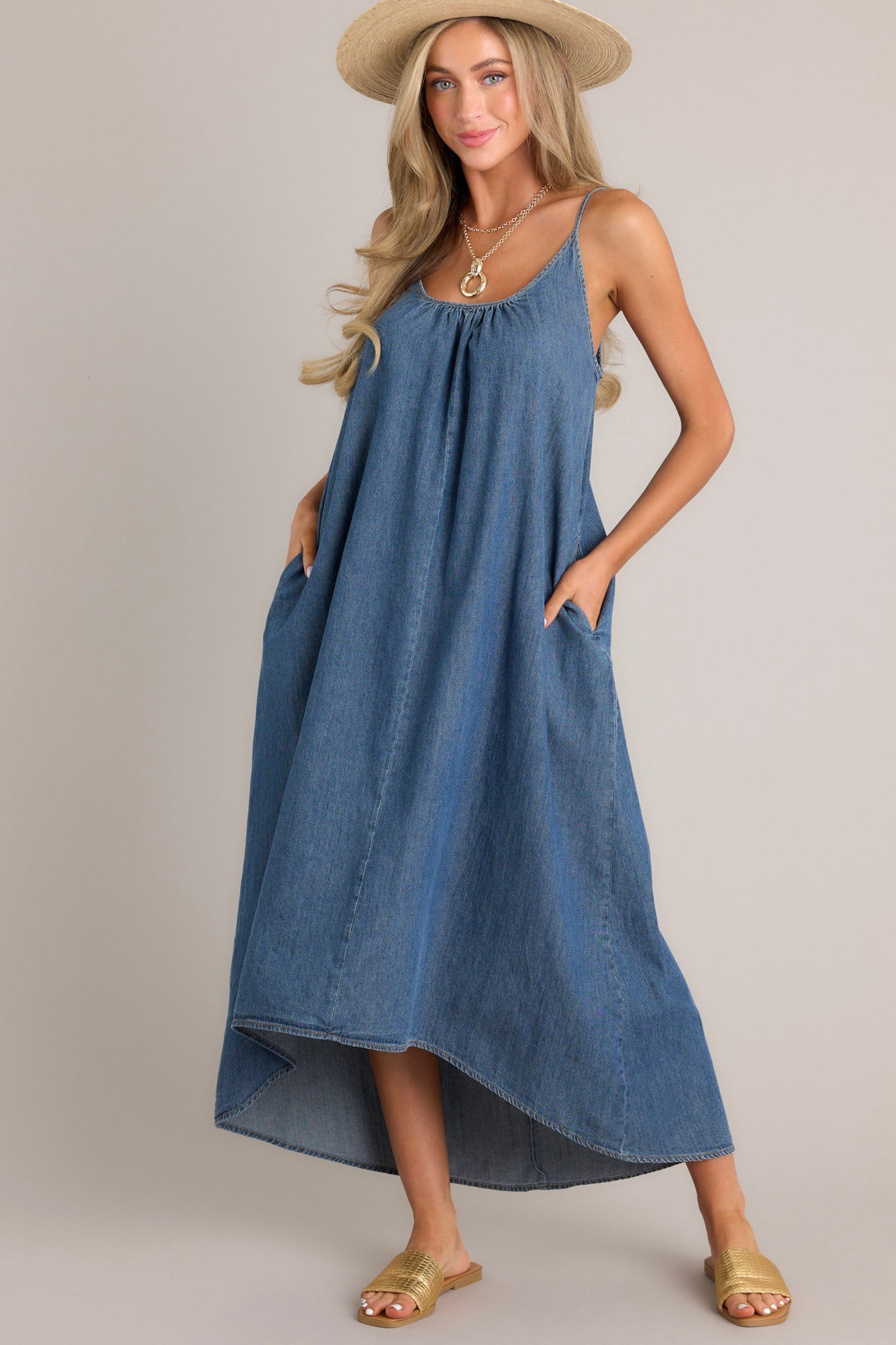 Celestial Swing Denim Asymmetrical High Low Dress - Red Dress