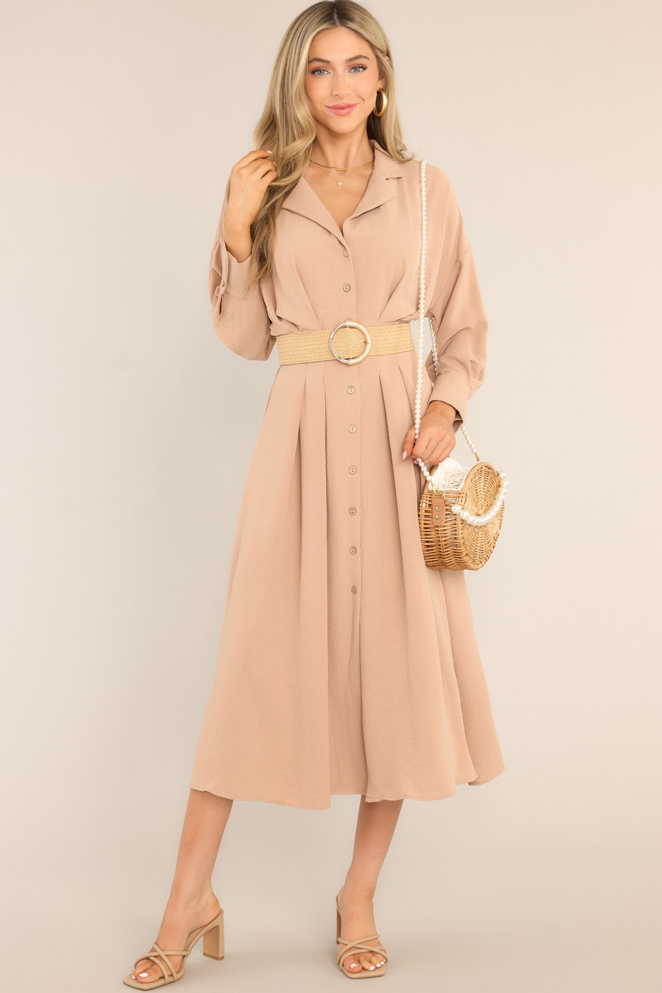 Cherish Now Beige Button Front Midi Dress - Red Dress