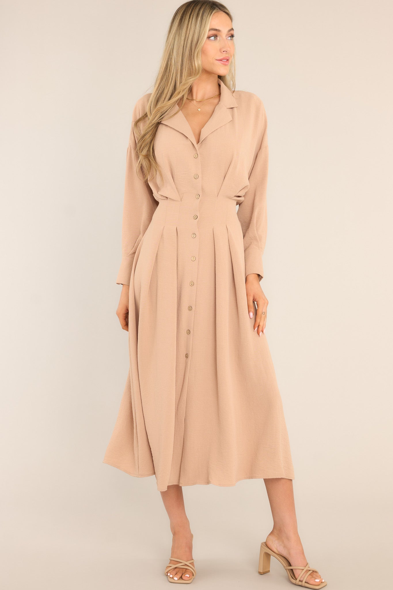 Cherish Now Beige Button Front Midi Dress - Red Dress