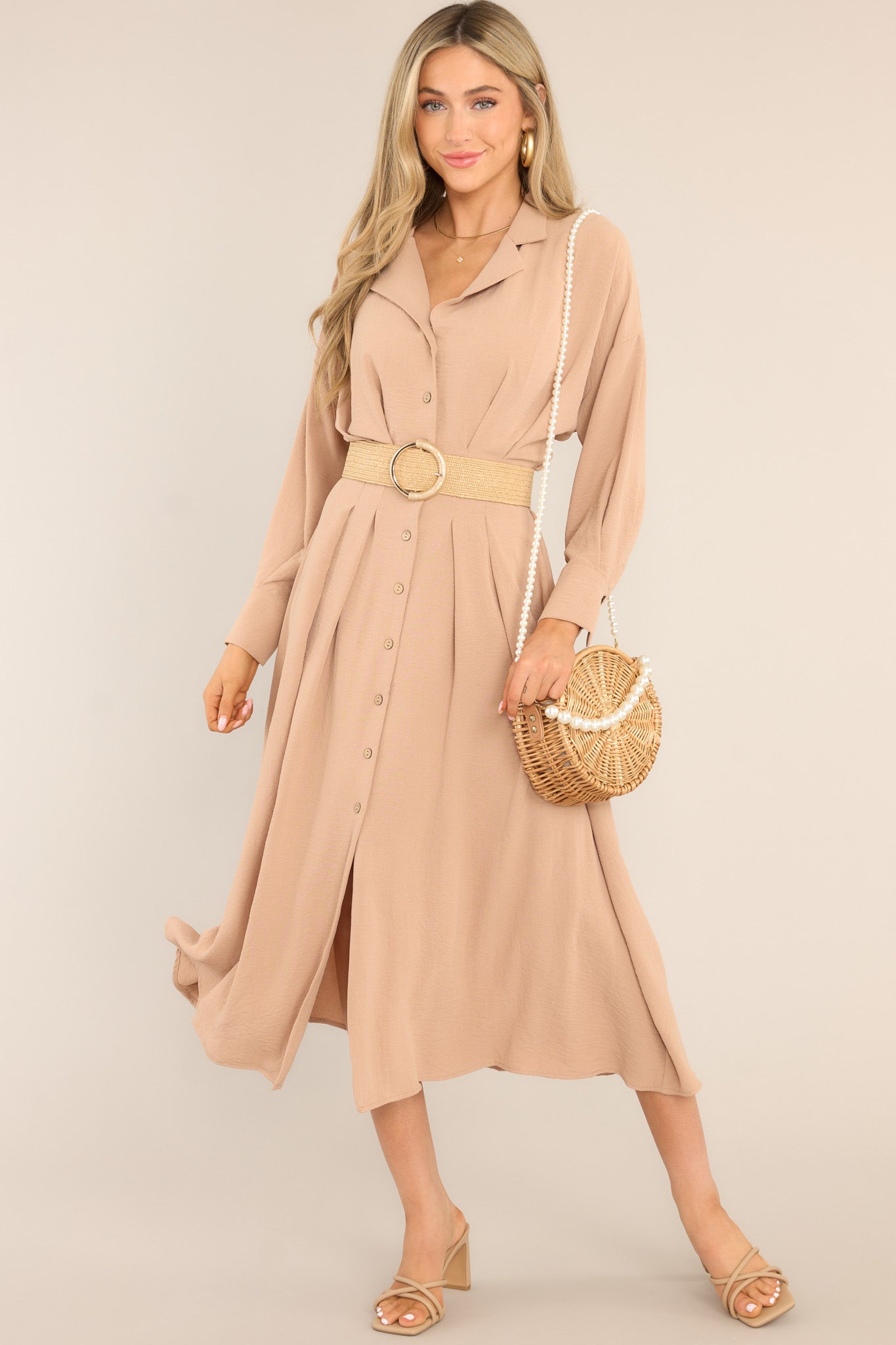 Cherish Now Beige Button Front Midi Dress - Red Dress