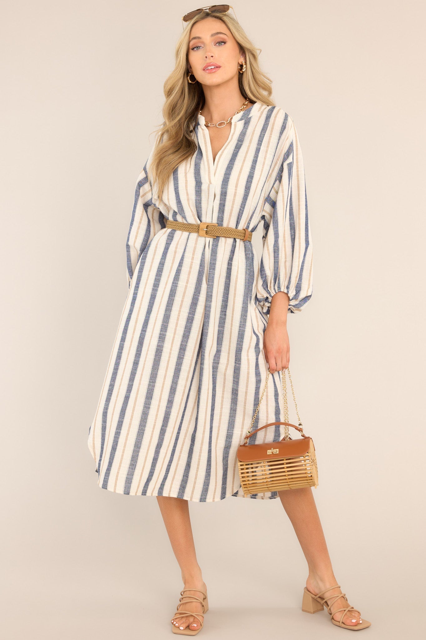 Coastal Charm Dusty Blue Stripe Midi Dress - Red Dress