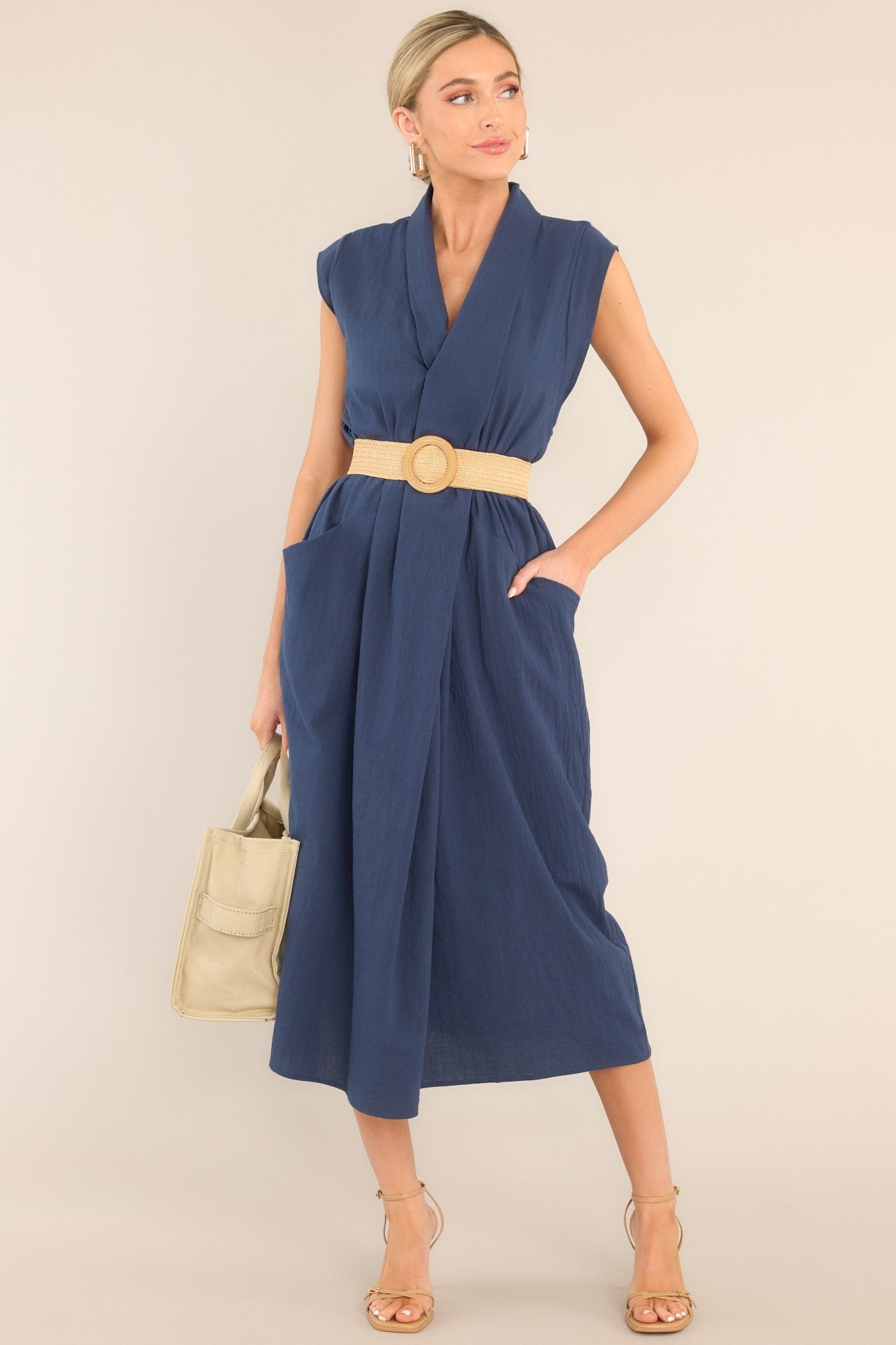 Daily Gratitude Navy Belted Cotton Midi Dress (BACKORDER APRIL) - Red Dress