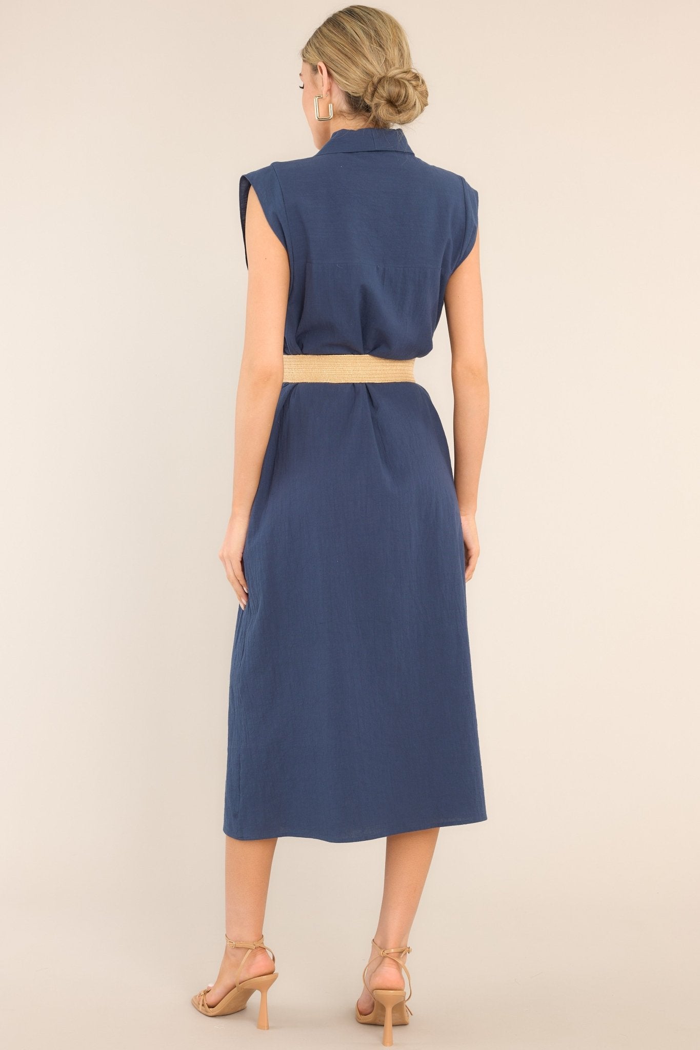 Daily Gratitude Navy Belted Cotton Midi Dress (BACKORDER APRIL) - Red Dress