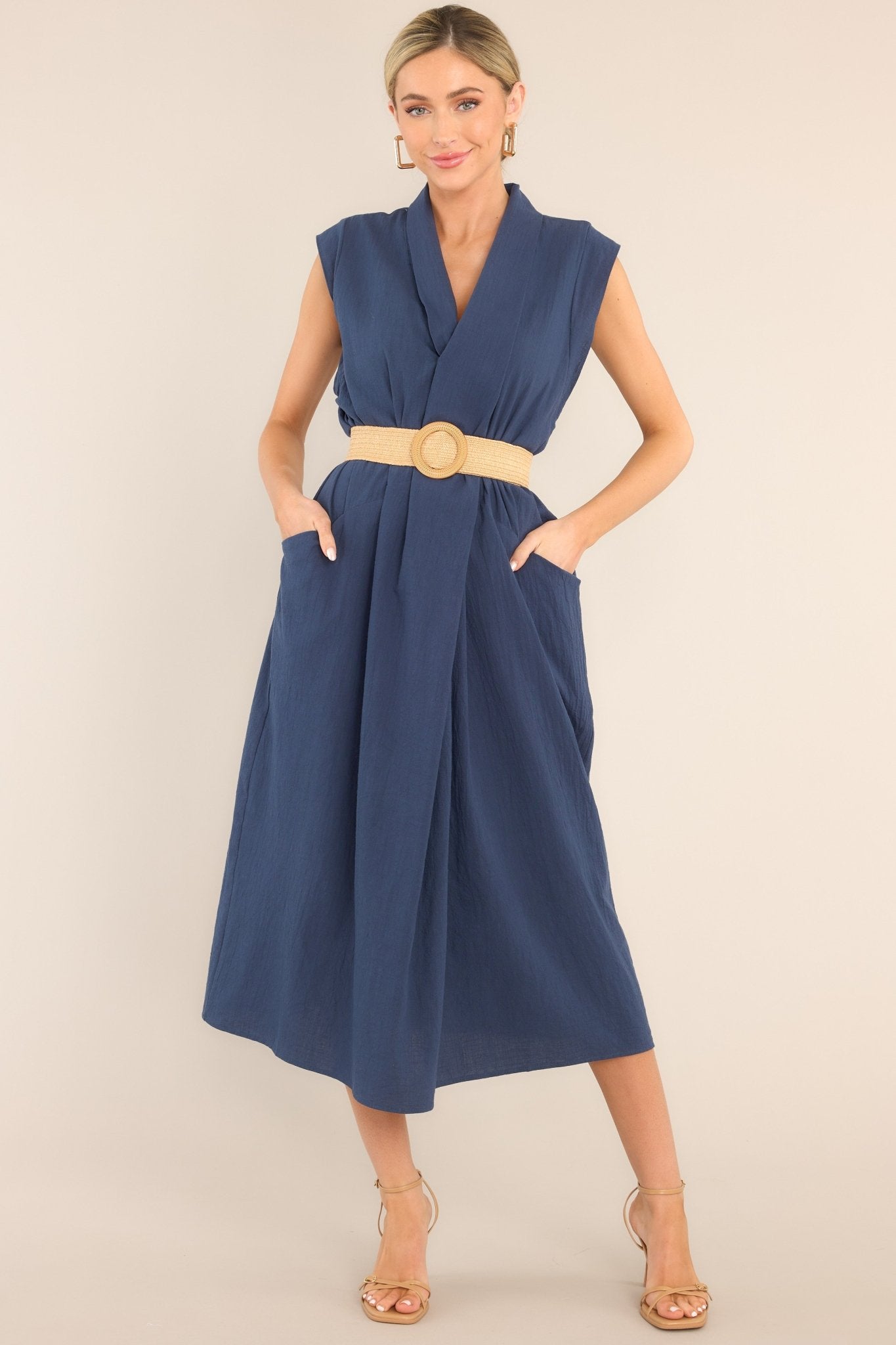 Daily Gratitude Navy Belted Cotton Midi Dress (BACKORDER APRIL) - Red Dress