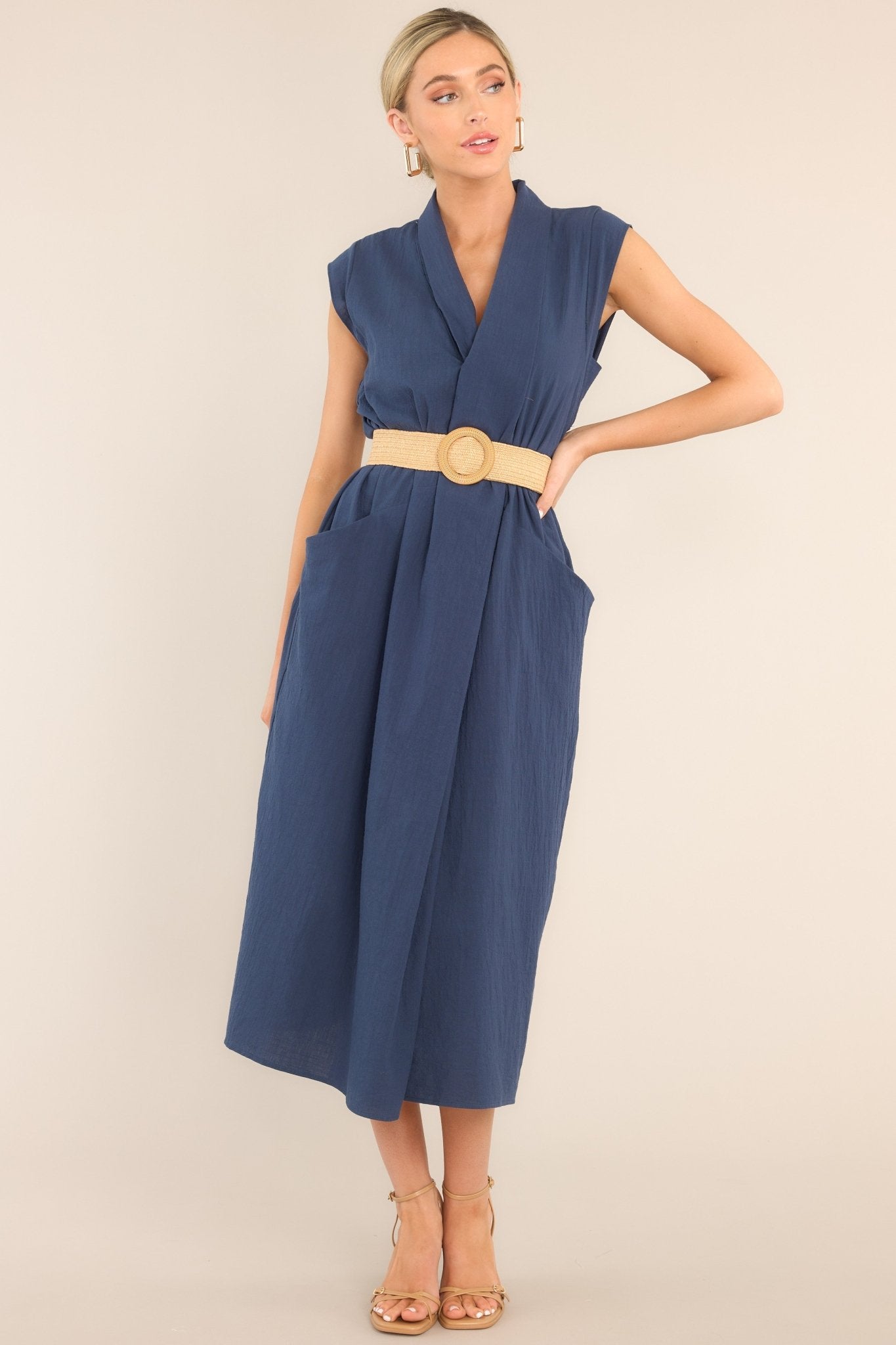 Daily Gratitude Navy Belted Cotton Midi Dress (BACKORDER APRIL) - Red Dress