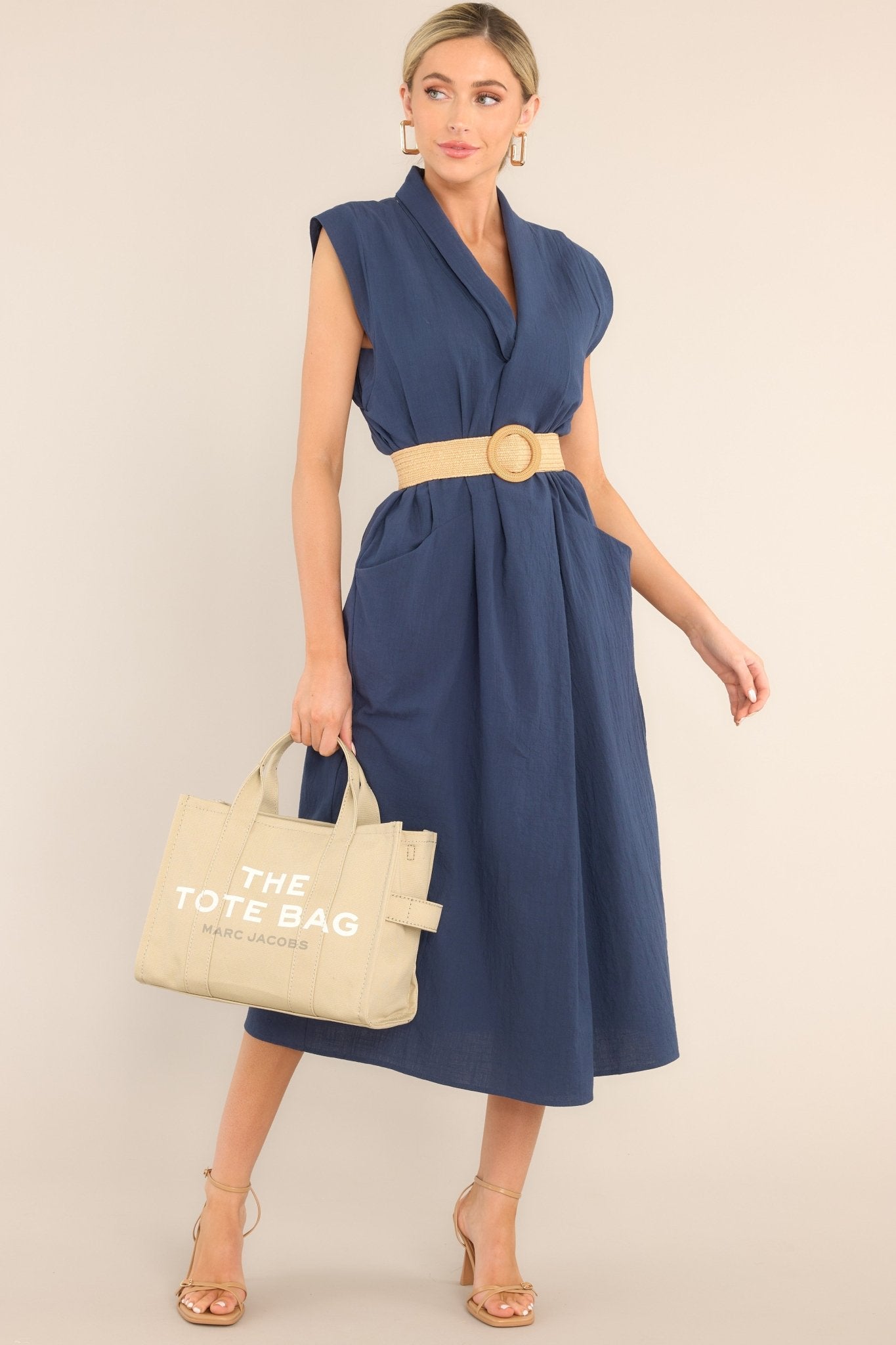 Daily Gratitude Navy Belted Cotton Midi Dress (BACKORDER APRIL) - Red Dress