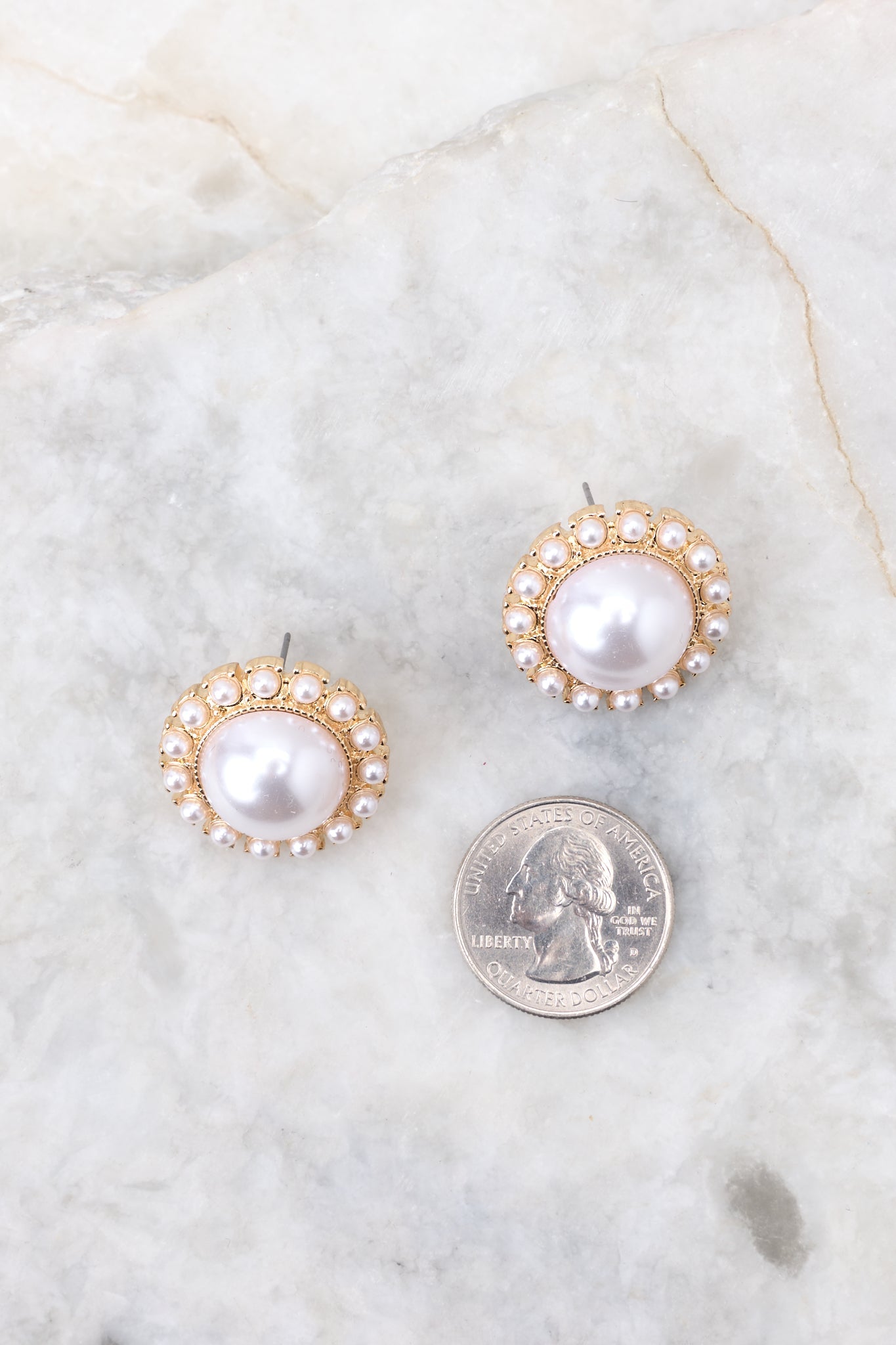 Delicate Perfection Gold Pearl Stud Earrings - Red Dress