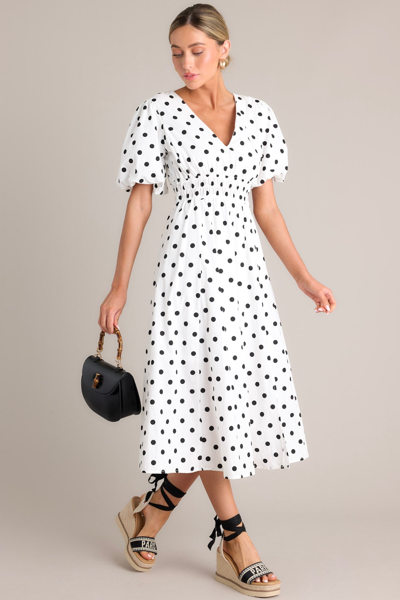 Dotted Delight White & Black Polka Dot Midi Dress - Red Dress