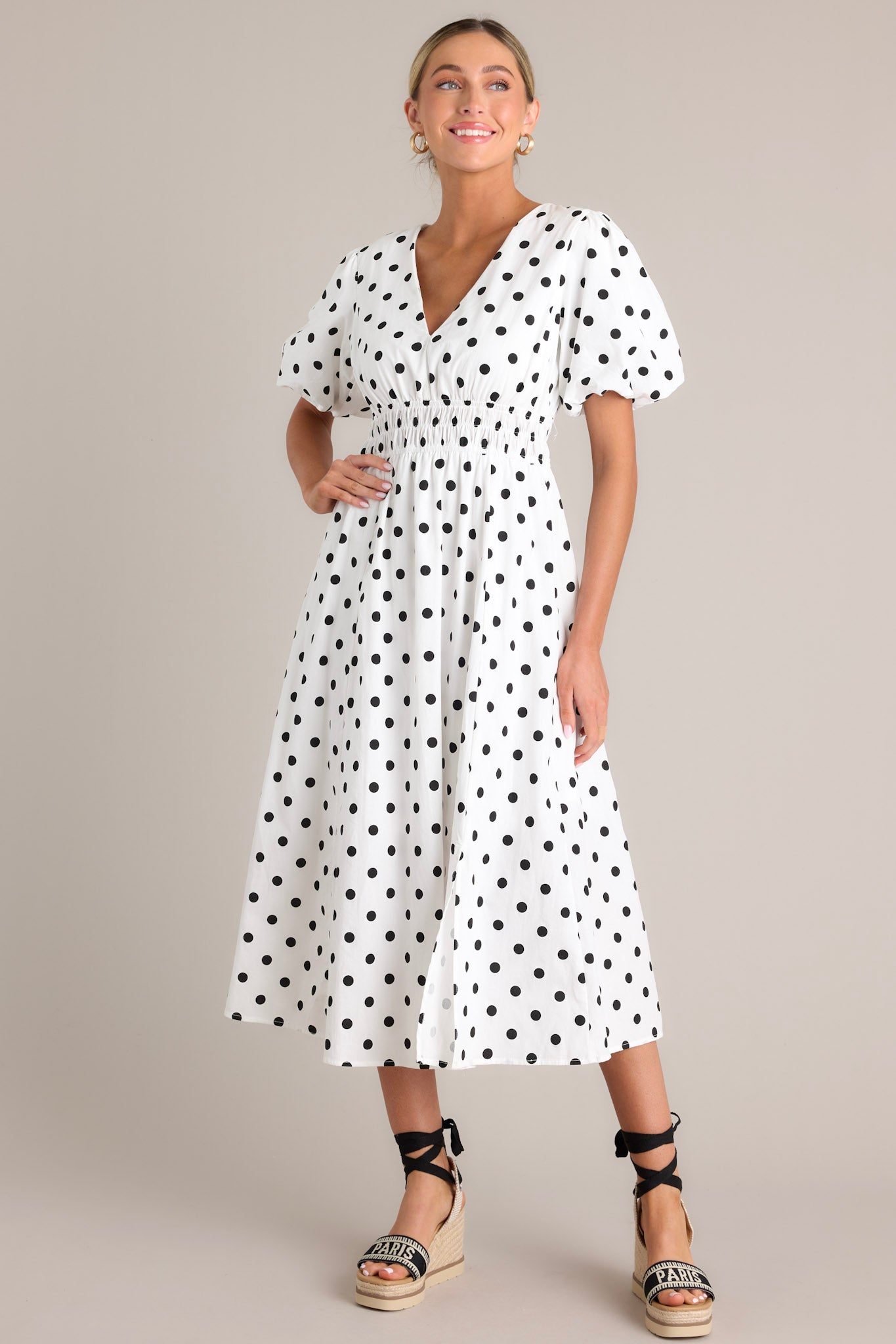 Dotted Delight White & Black Polka Dot Midi Dress - Red Dress