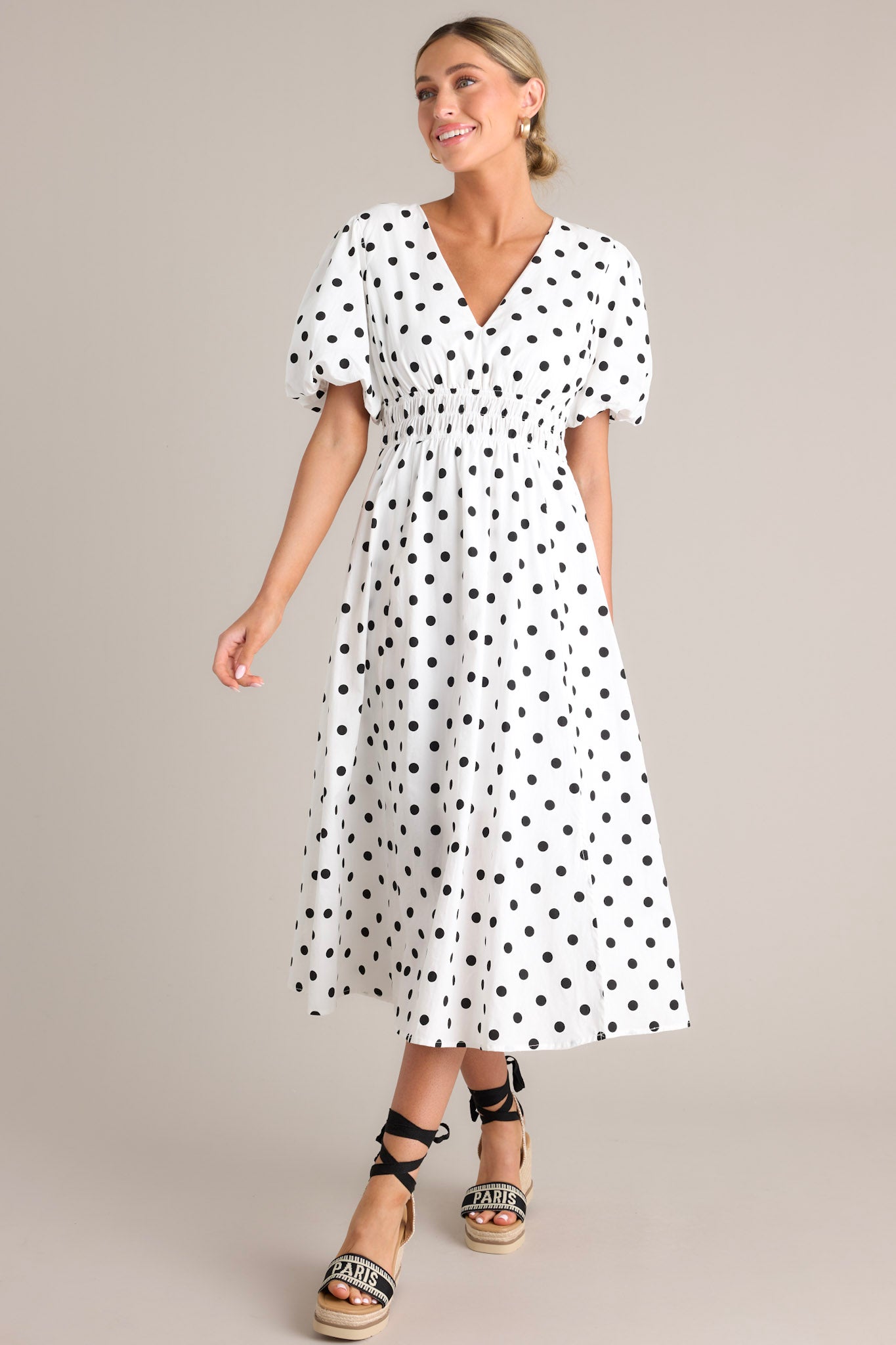 Dotted Delight White & Black Polka Dot Midi Dress - Red Dress