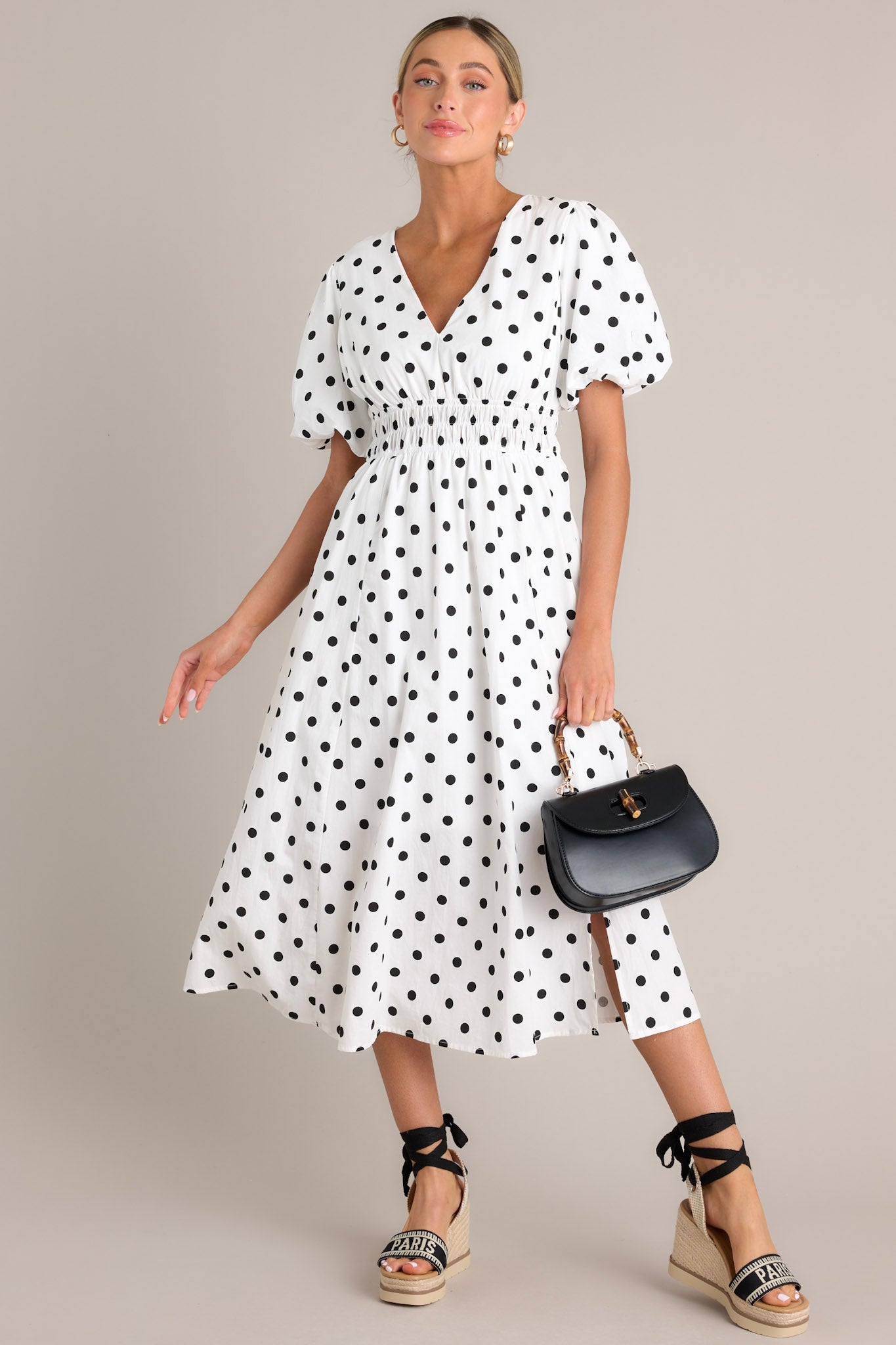 Dotted Delight White & Black Polka Dot Midi Dress - Red Dress