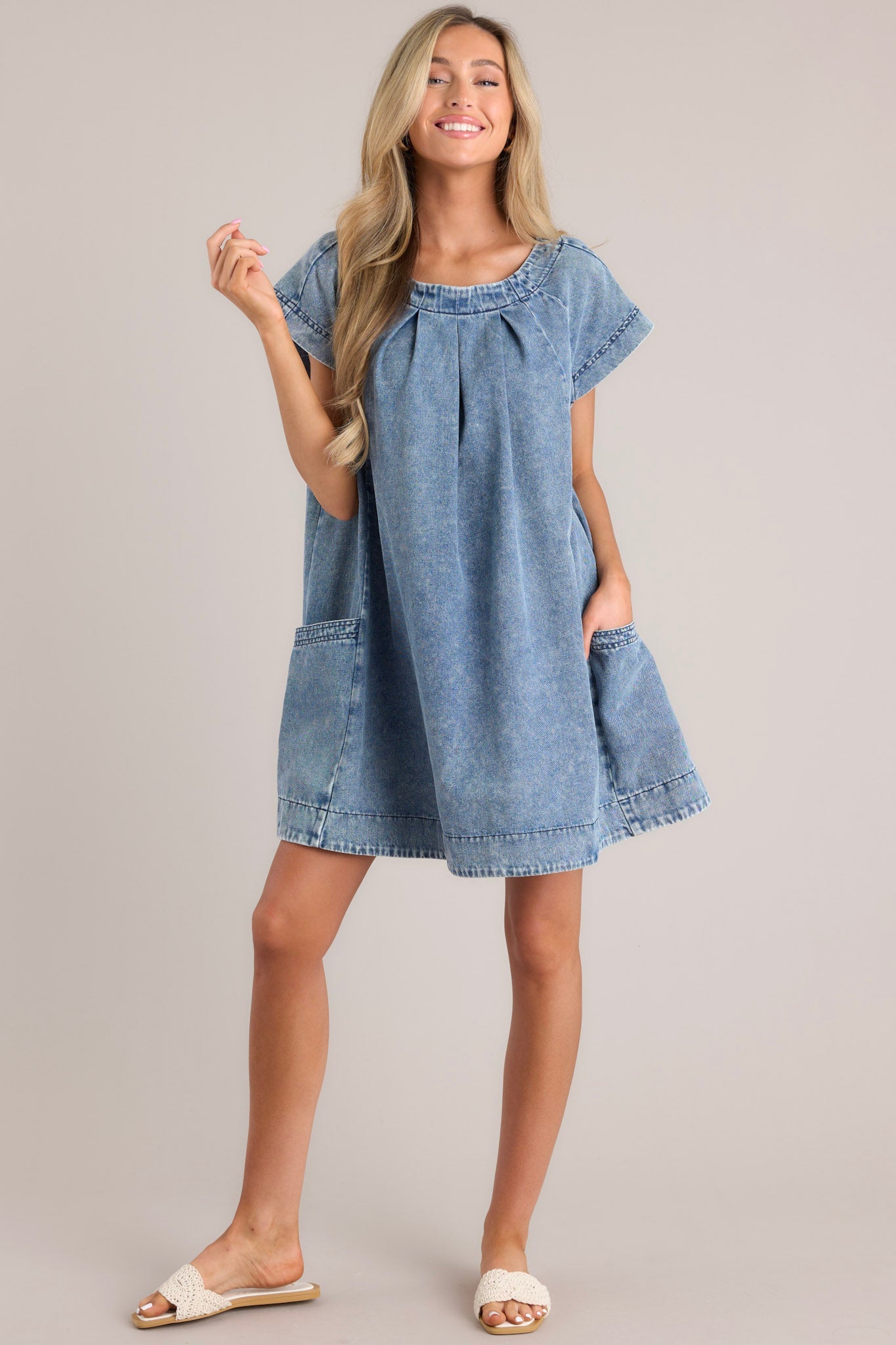 Dream of Daisies Denim Short Sleeve Mini Dress - Red Dress