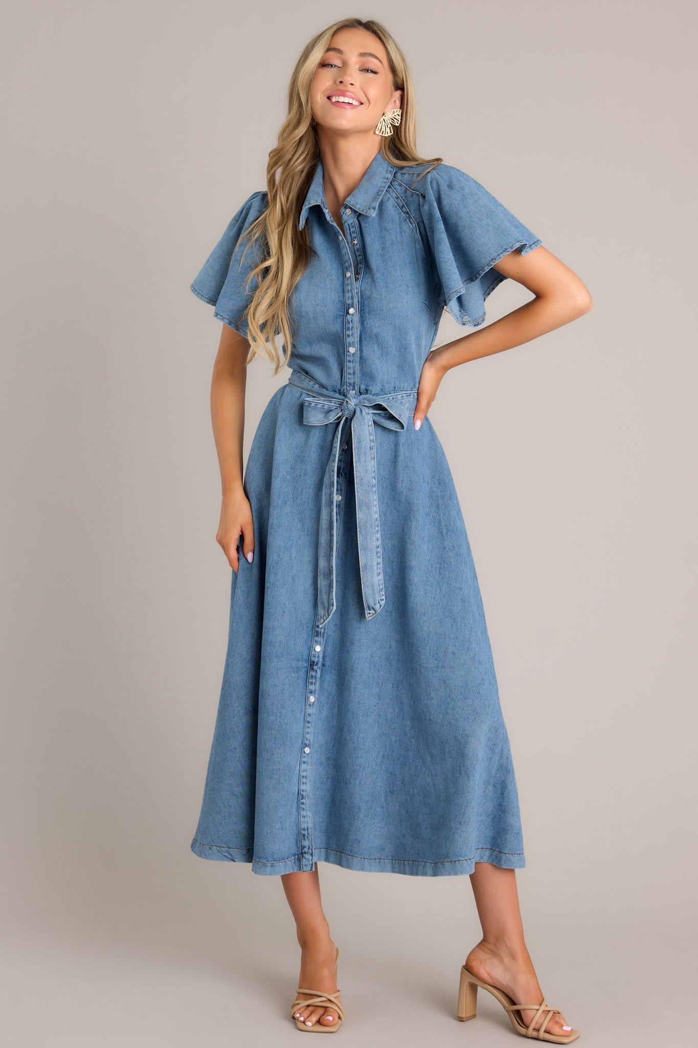 Endless Possibilities Medium Wash Denim Maxi Dress - Red Dress