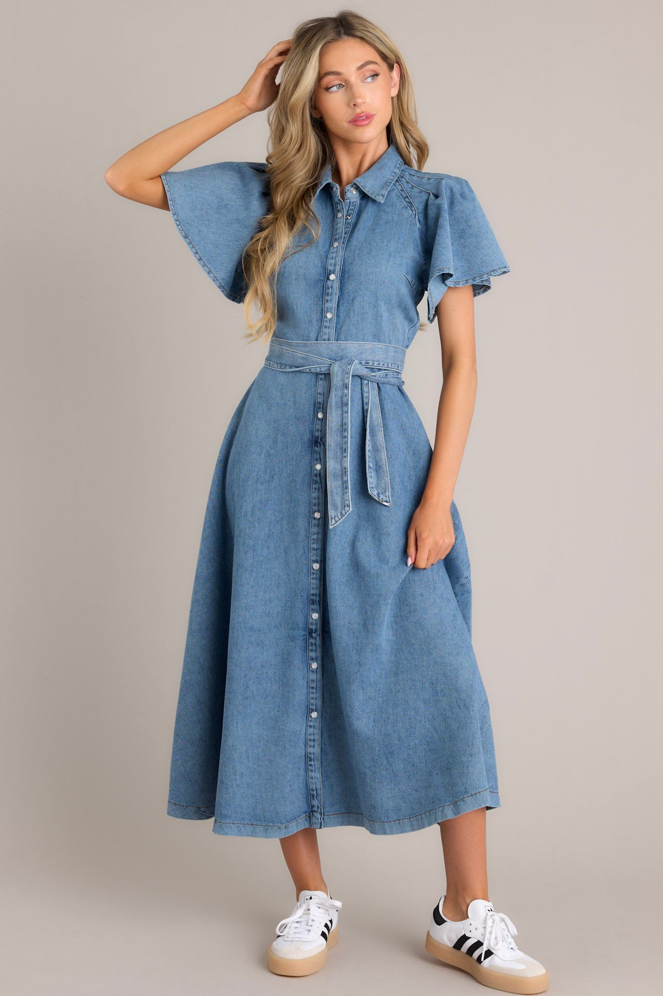 Endless Possibilities Medium Wash Denim Maxi Dress - Red Dress