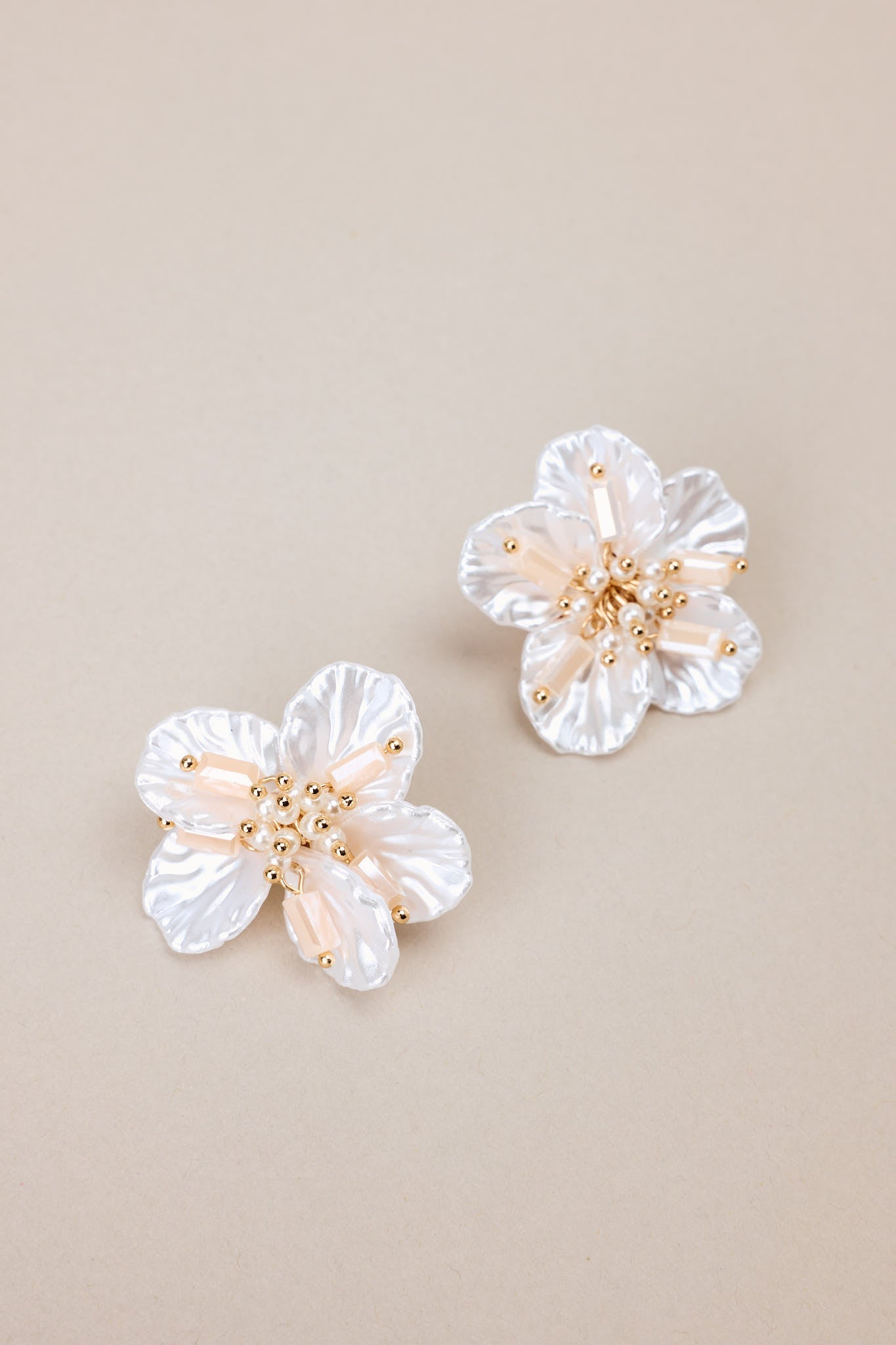 Ethereal Glow Ivory Pearlescent Floral Earrings - Red Dress