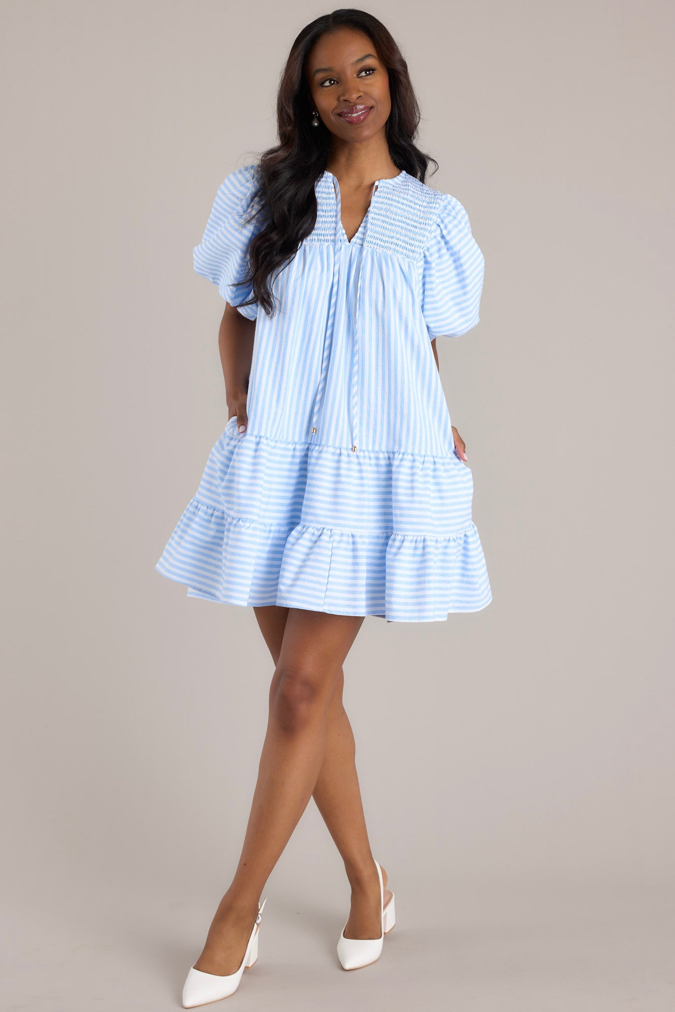 Family Story Light Blue Stripe Mini Dress - Red Dress