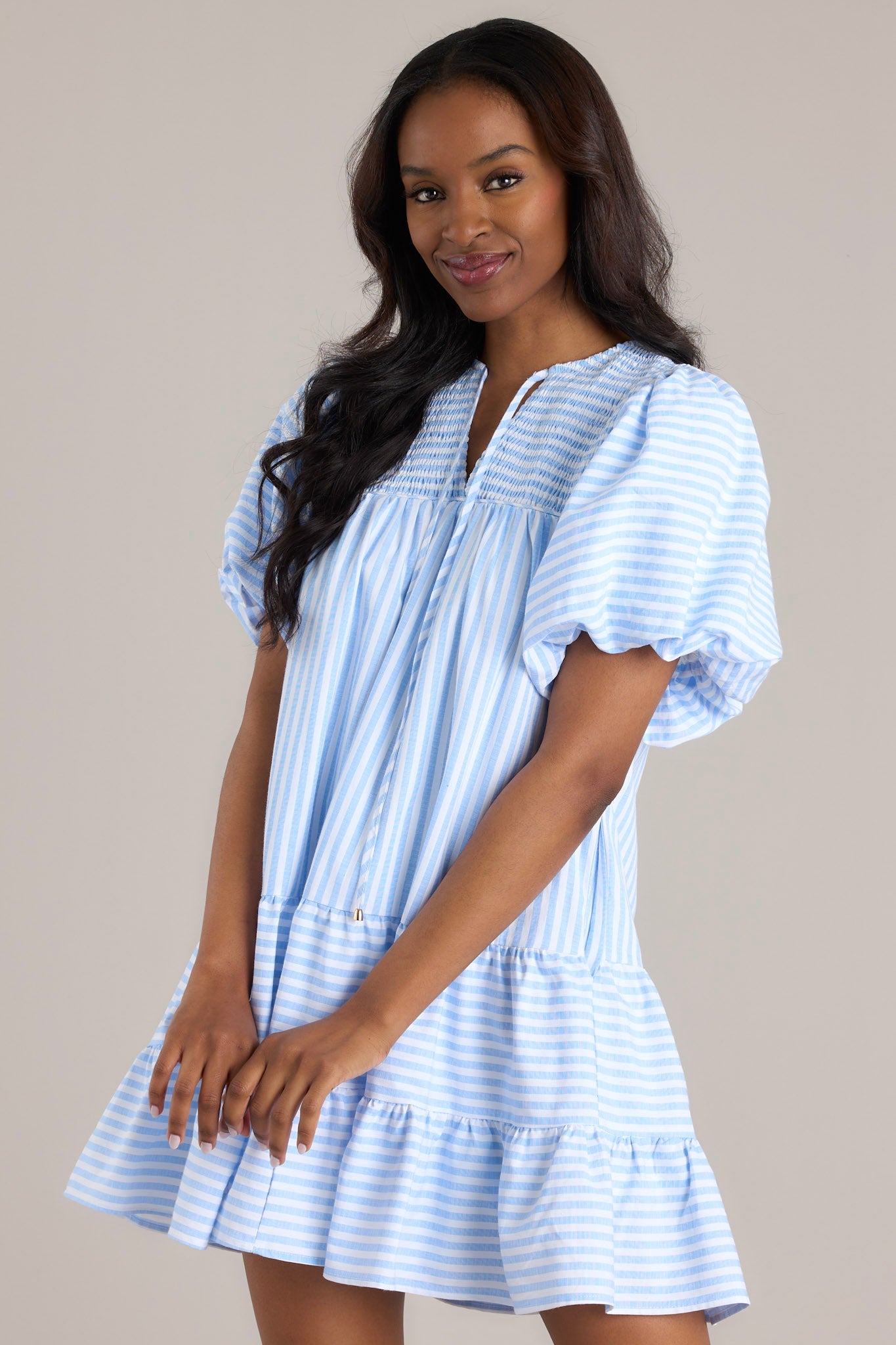 Family Story Light Blue Stripe Mini Dress - Red Dress