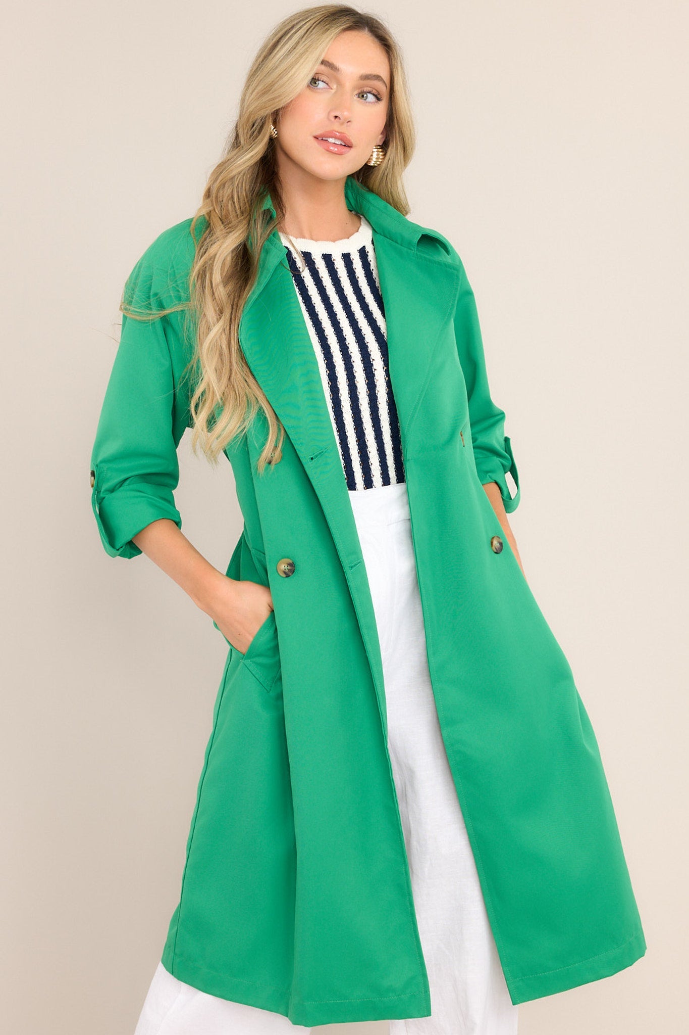 Feeling Lucky Kelly Green Trench Coat - Red Dress