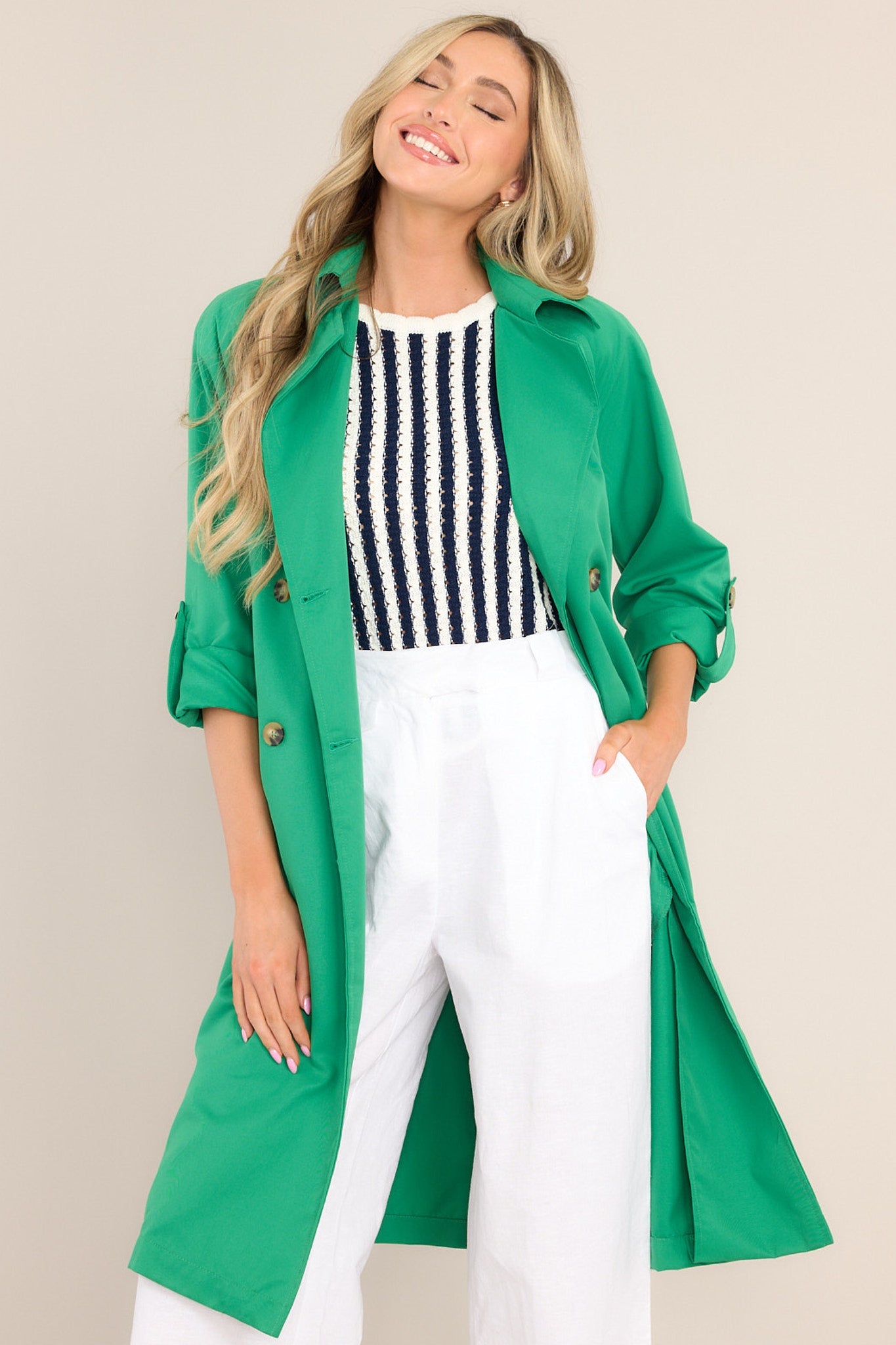 Feeling Lucky Kelly Green Trench Coat - Red Dress