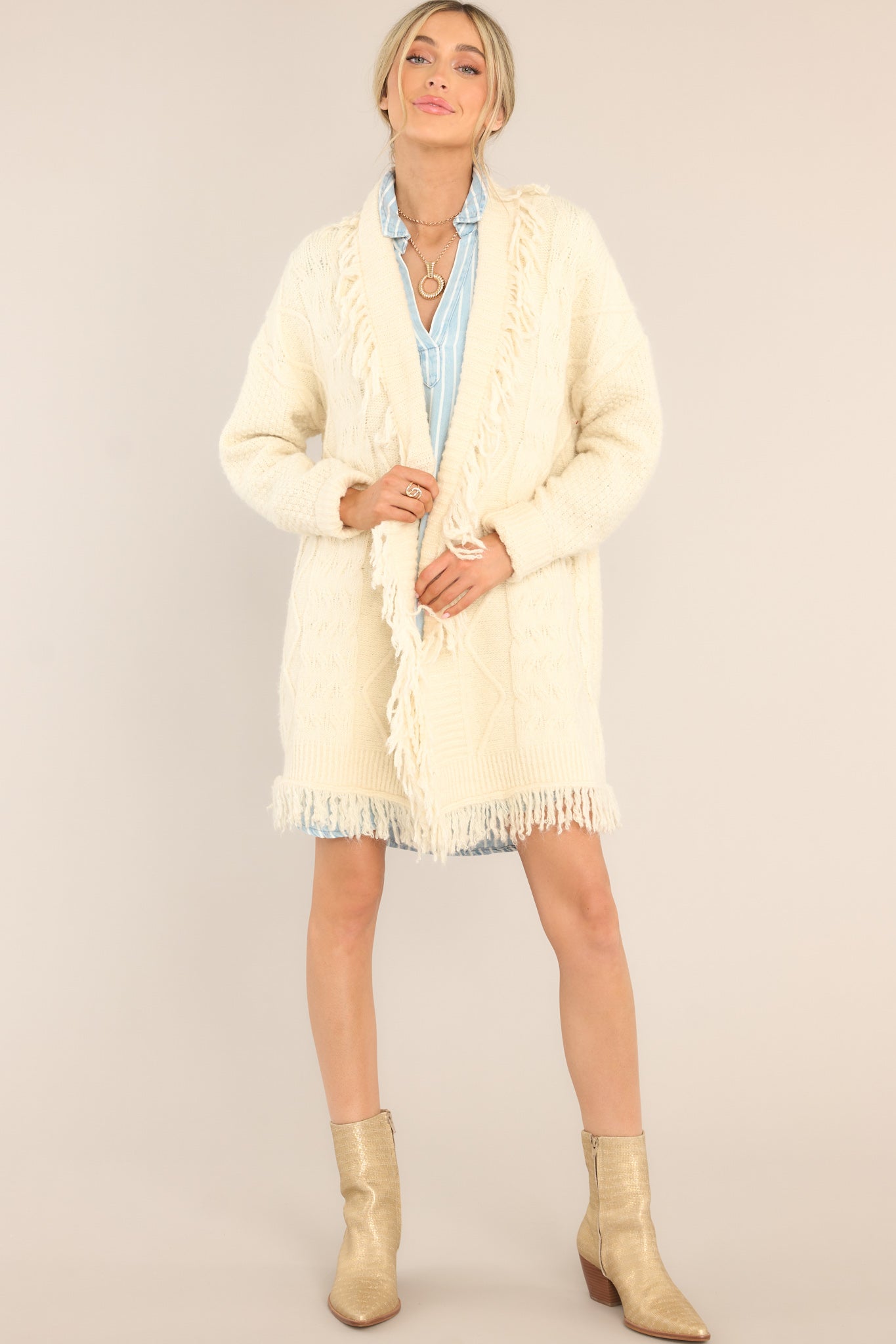 Fight The Feeling Ivory Fringe Cardigan - Red Dress