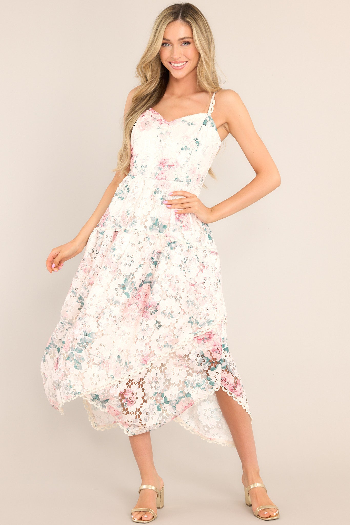 Flirt For Fun Ivory Floral Print Lace Midi Dress - Red Dress