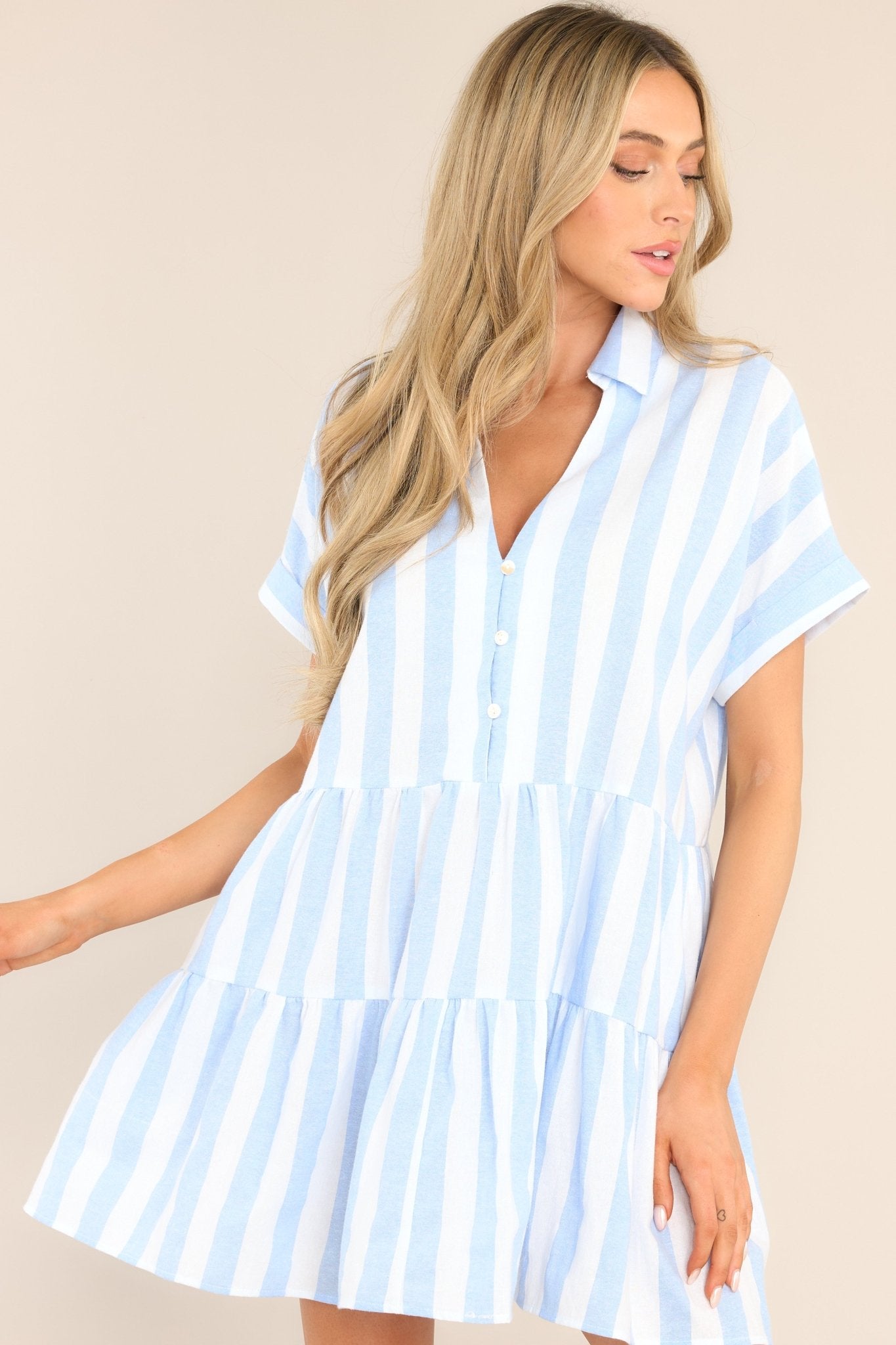 Flying High Light Blue & White Striped Mini Dress - Red Dress