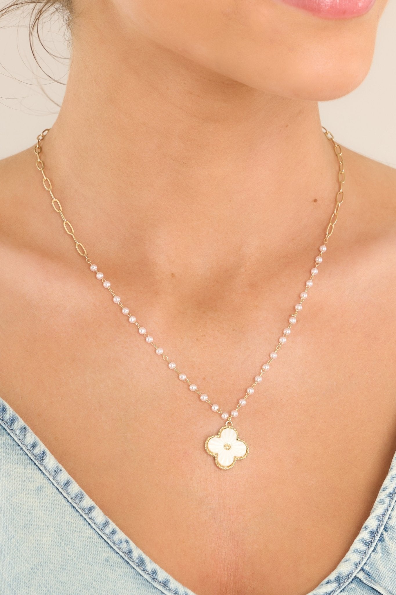 Forever In White & Gold Pearl Necklace - Red Dress