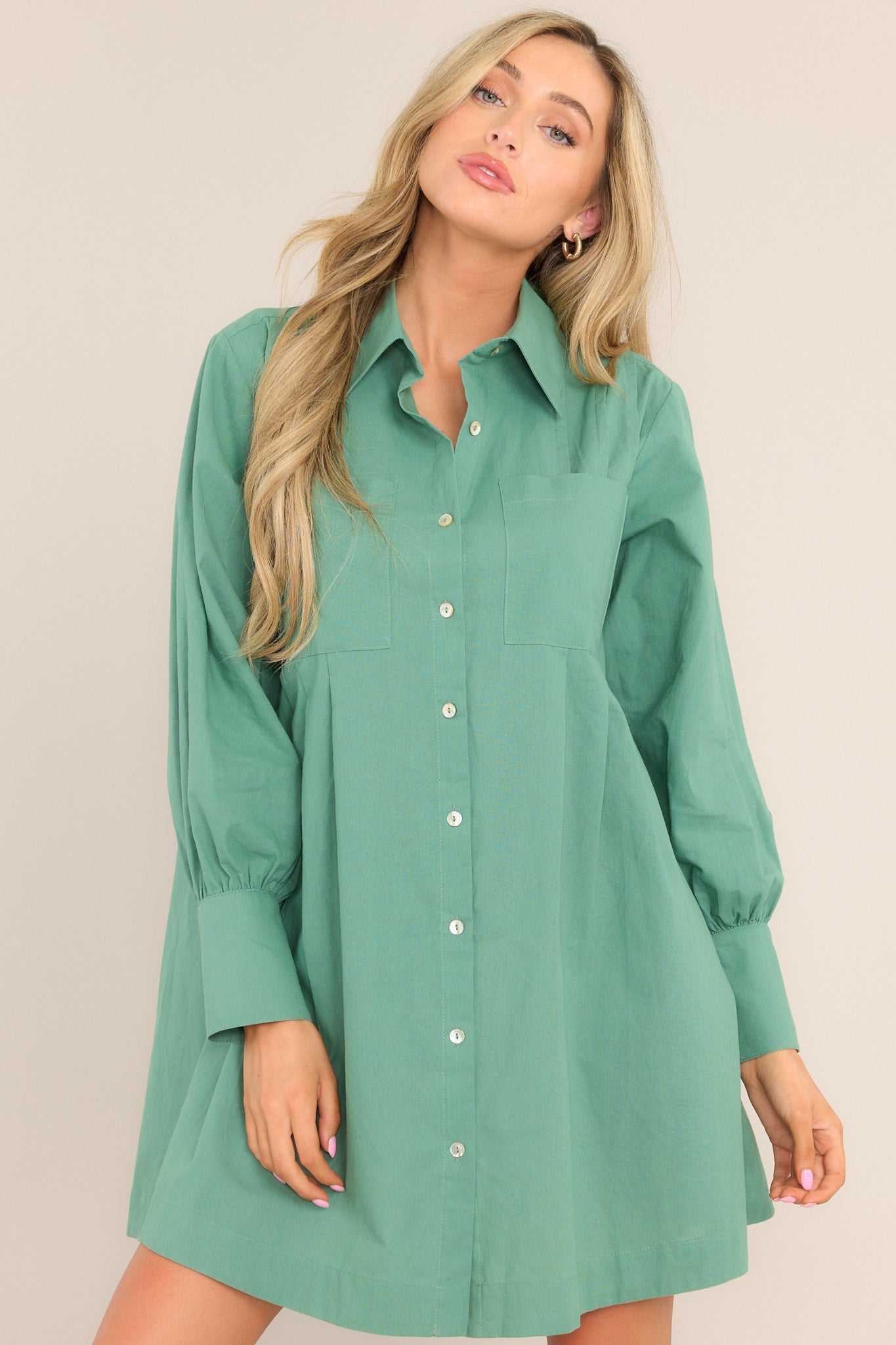 Game Changer Sage Green Mini Shirt Dress - Red Dress