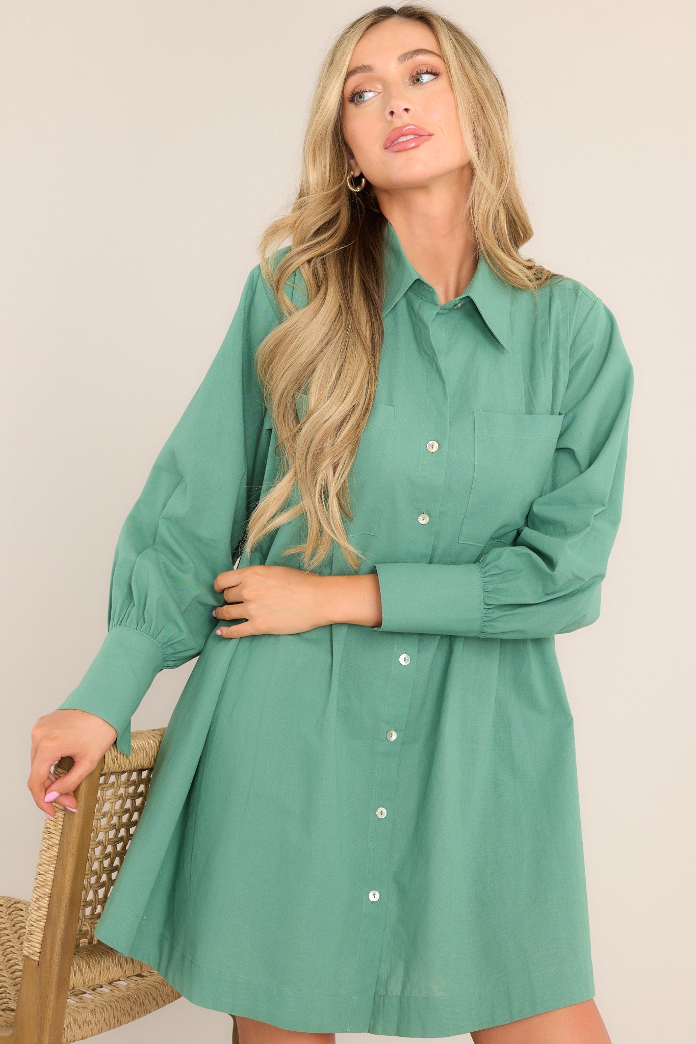 Game Changer Sage Green Mini Shirt Dress - Red Dress