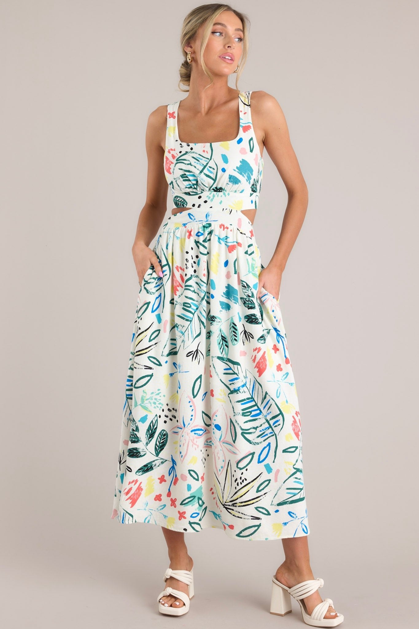 Glimpse of Summer White Tropical Print Maxi Dress - Red Dress