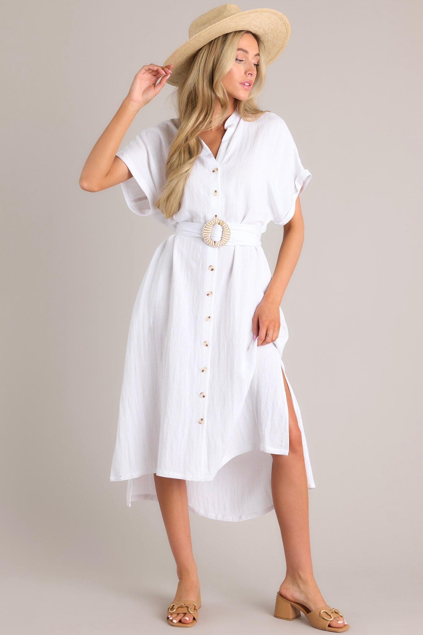 Happy Hour Hangouts White Belted Midi Dress - Red Dress