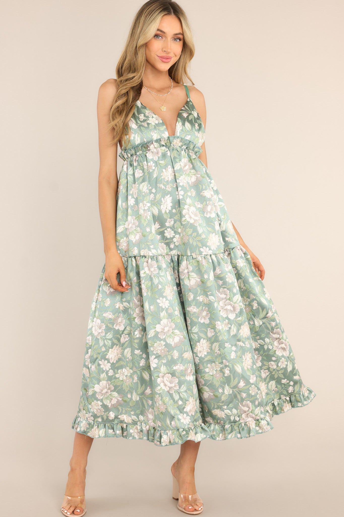 I Can’t Wait Sage Green Jacquard Floral Maxi Dress - Red Dress