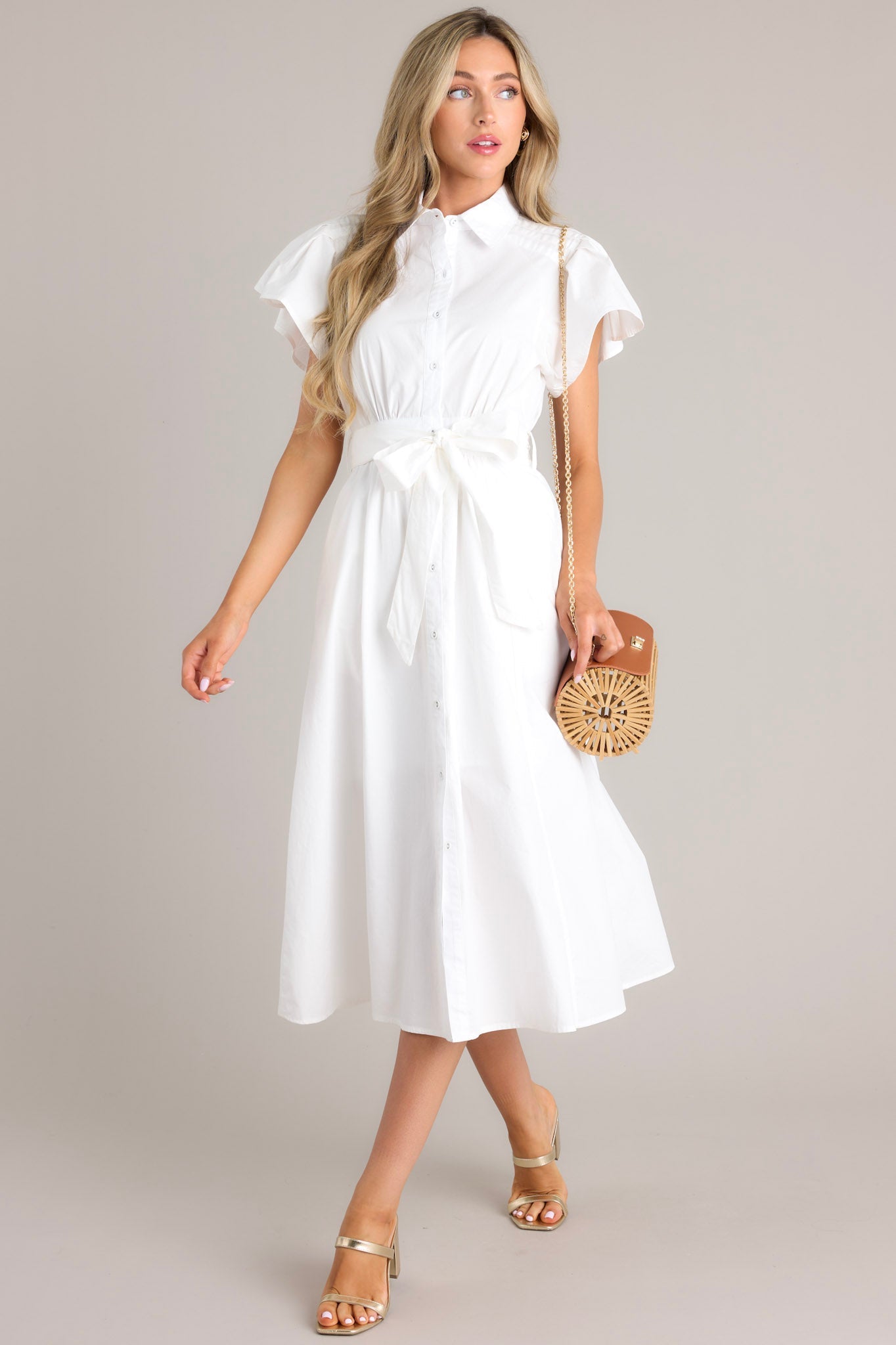 I Just Know White Cotton Button Front Midi Dress - Red Dress