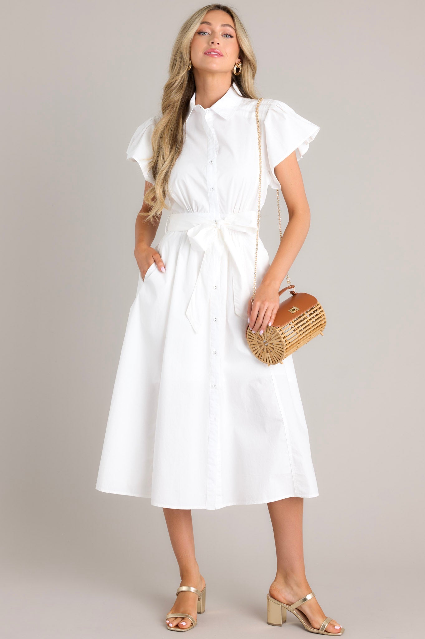 I Just Know White Cotton Button Front Midi Dress - Red Dress