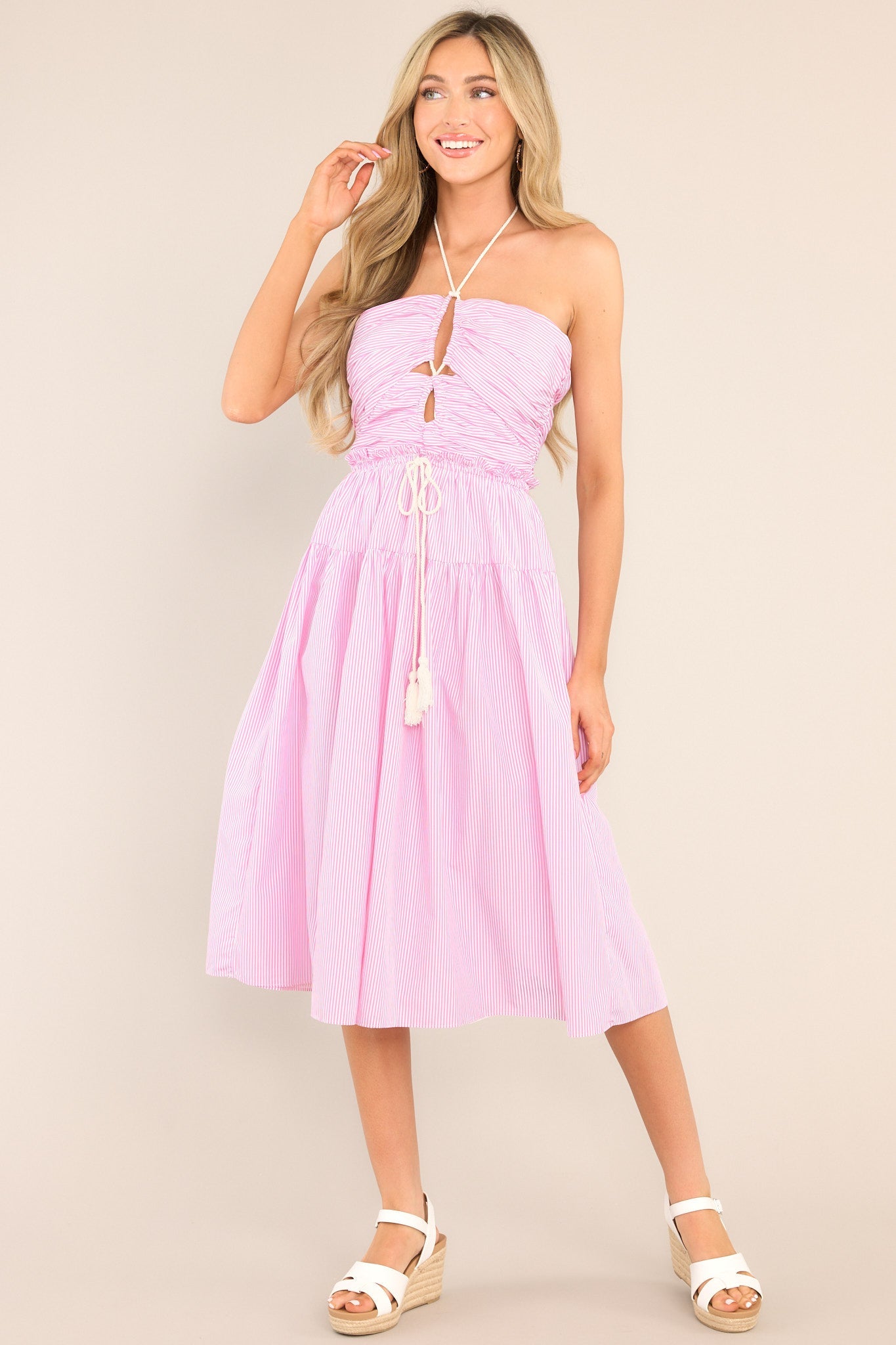 In The Details Pink Striped Halter Midi Dress - Red Dress