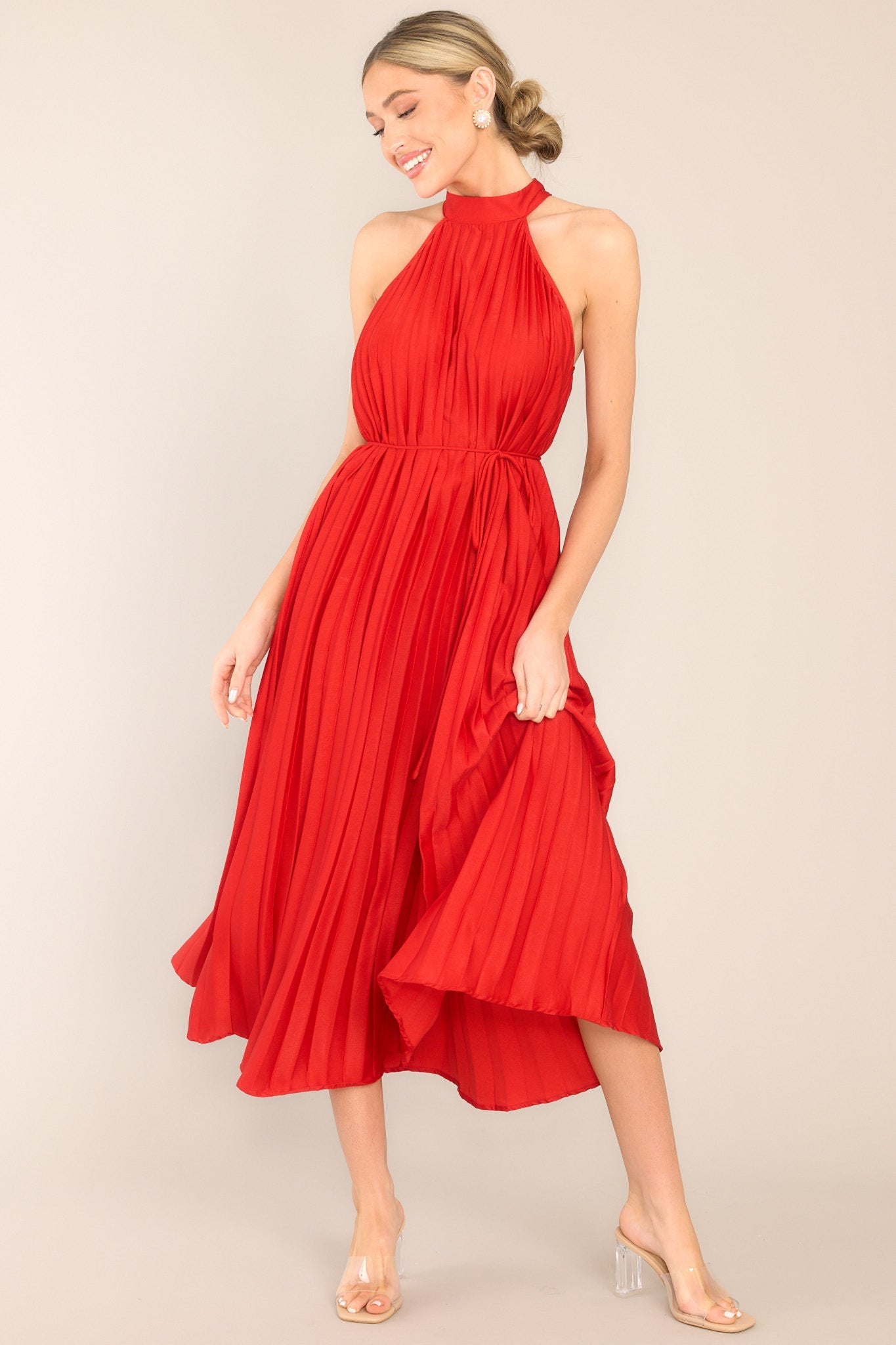 Joy In Everyday Red Pleated Midi Dress - Red Dress