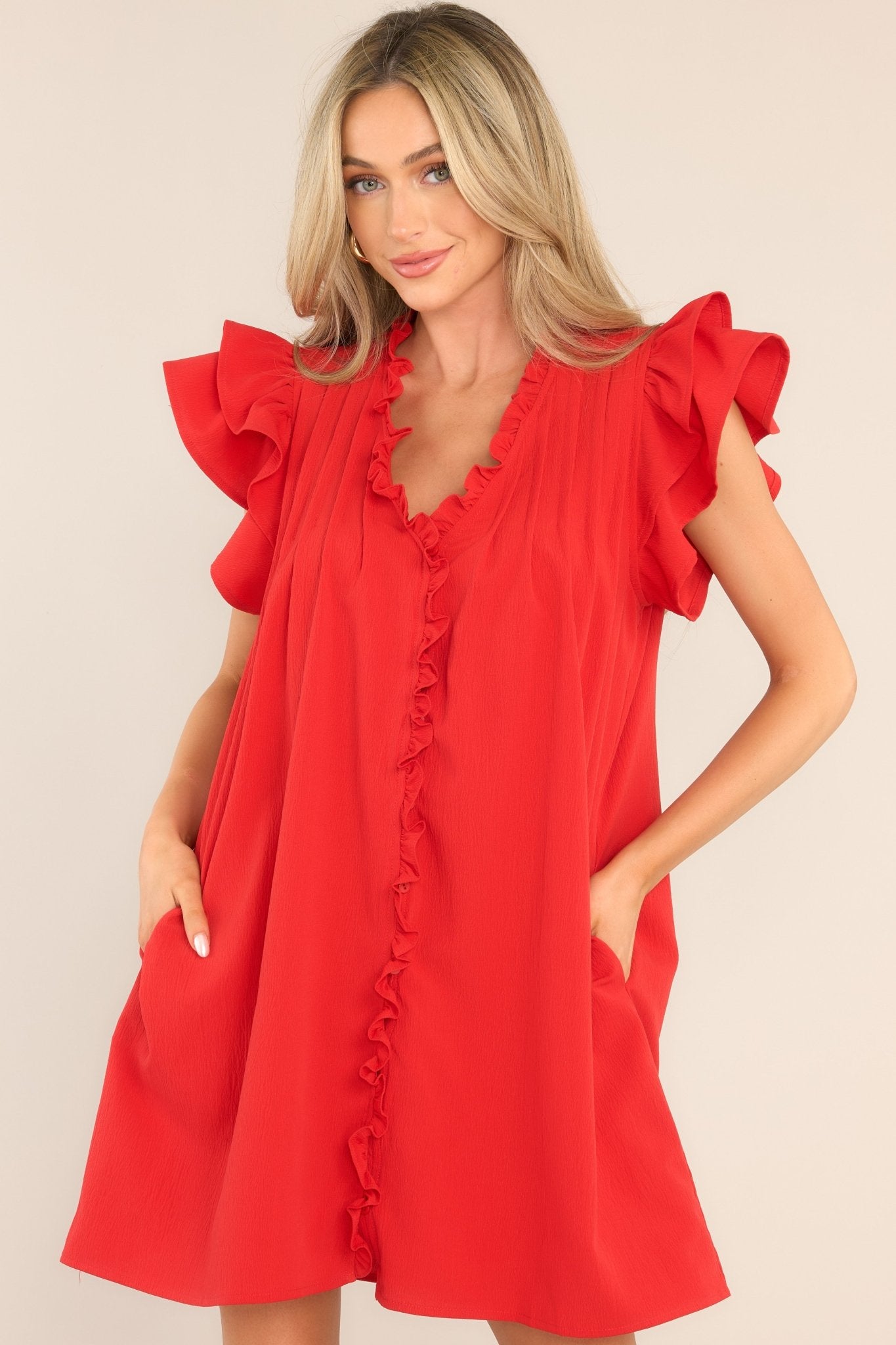 Keep Dreaming Red Flutter Sleeve Mini Dress - Red Dress