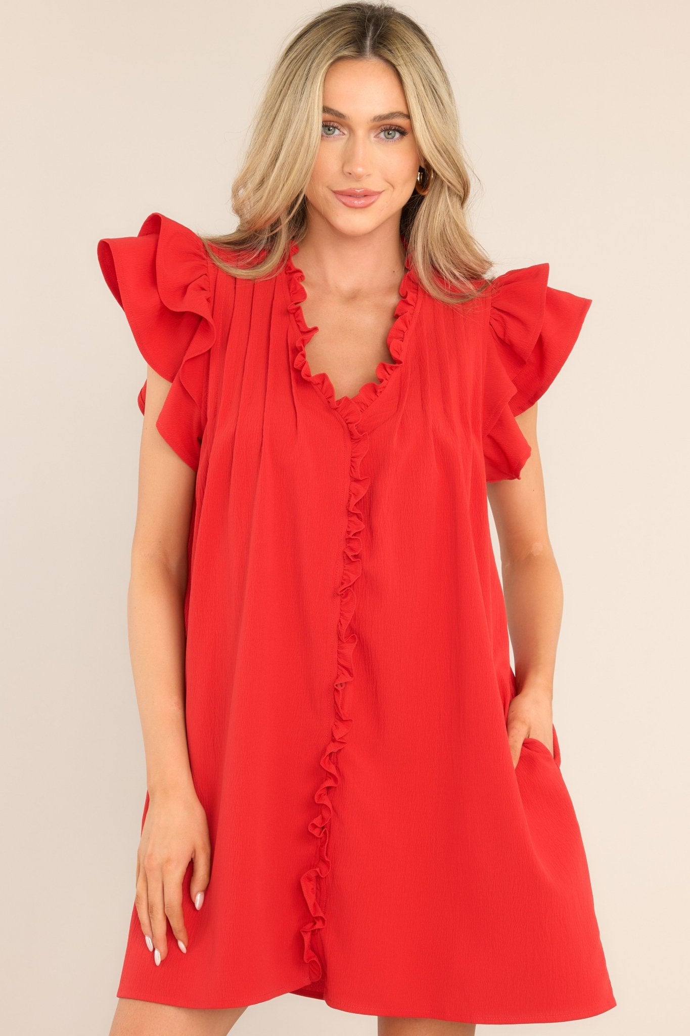 Keep Dreaming Red Flutter Sleeve Mini Dress - Red Dress