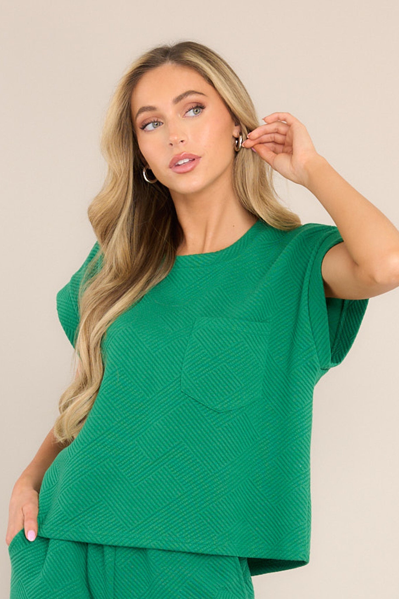 Keep It Creative Kelly Green Textured Short Sleeve Top - Red Dress