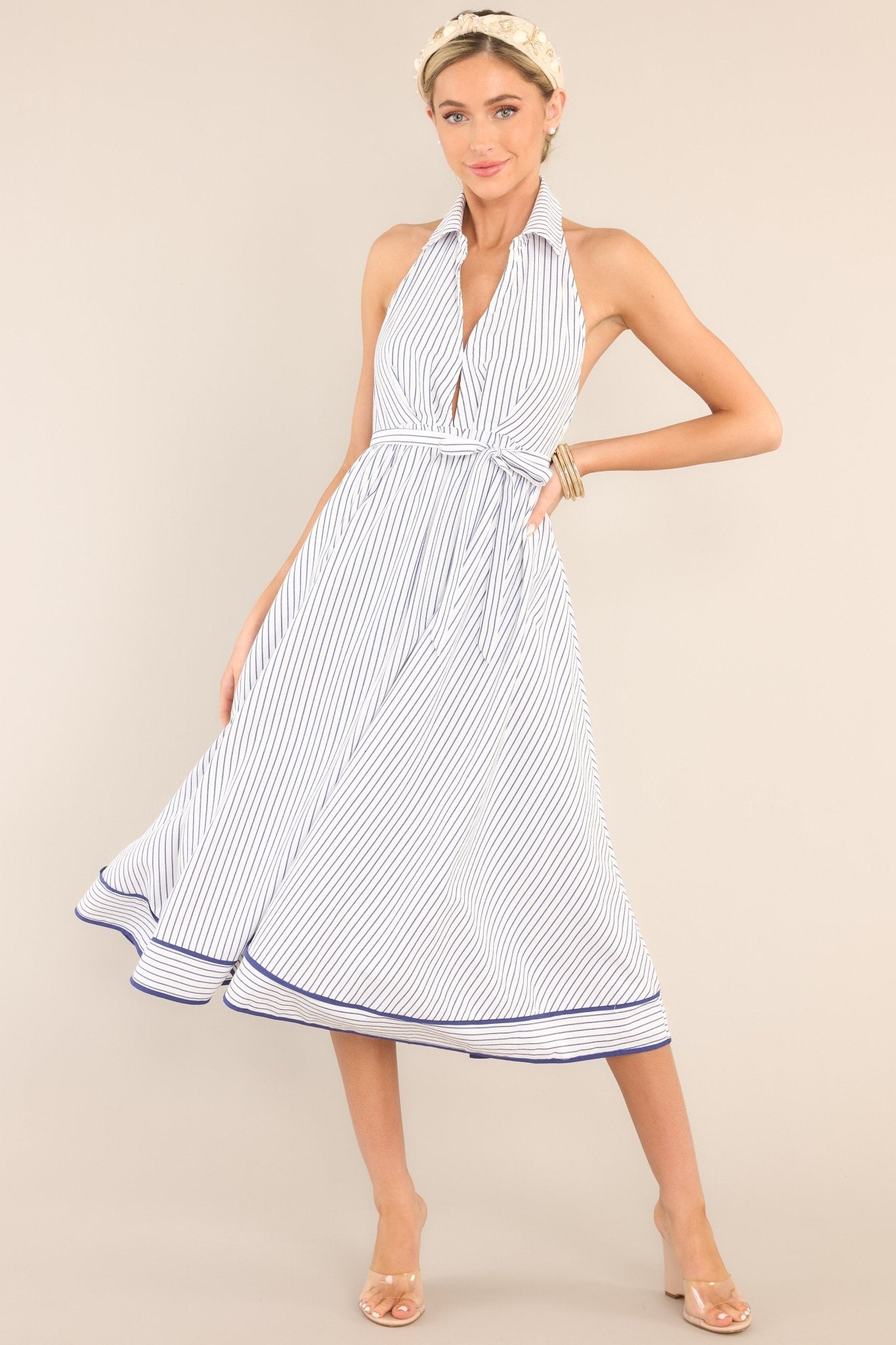 Life's Journey Backless Blue & White Midi Dress - Red Dress